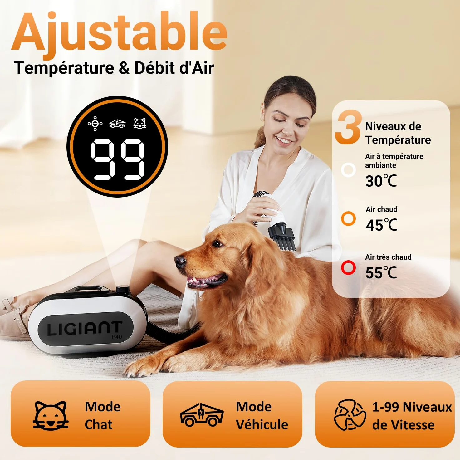LIGIANT P40 Asciugacapelli per Cani Blower, Ultra Silenzioso (40 Db modalità Gatto), 3 Bocchette in 1, velocità & Temperatura Regolabili, Tecnologia a Ioni Negativi, Compatto e per Cani e Gatti
