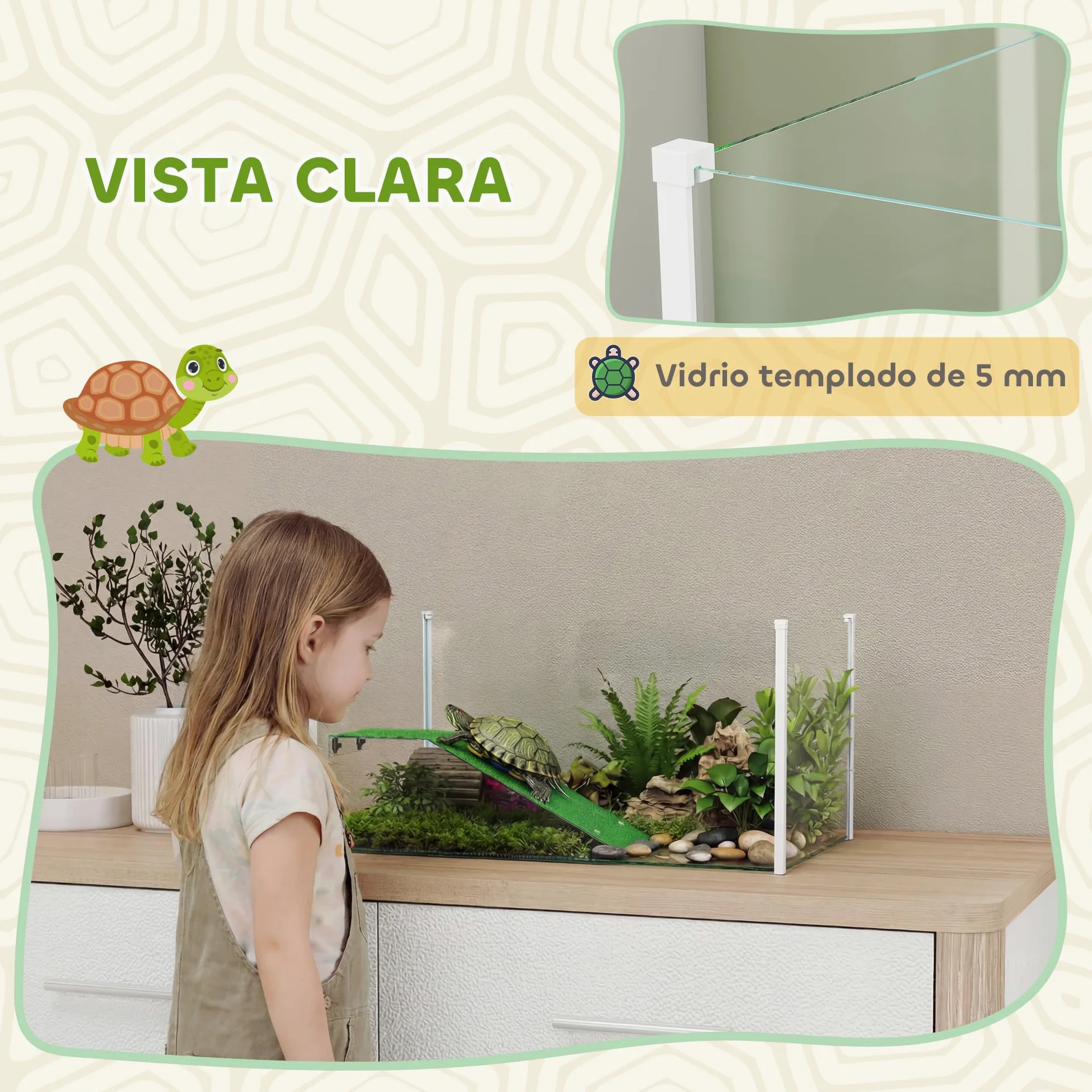 PawHut Acquario per tartarughe, terrario per tartarughe con piattaforma e rampa con superficie in erba artificiale, vista panoramica a 360°, per piccoli pesci, gamberetti, 60x35x28 cm, bianco