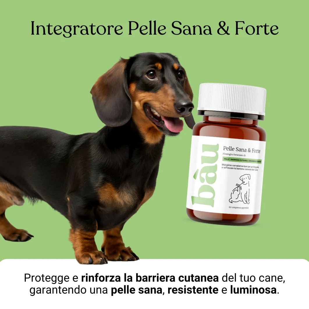 Bau Rimedio Dermatite Cane Anti-Prurito Allergie Stagionali, Alleviano il Prurito Cane, Ingredienti Naturali per la Salute della Pelle del Cane, Ideale per Cani con Pelle Arrossata -60cps