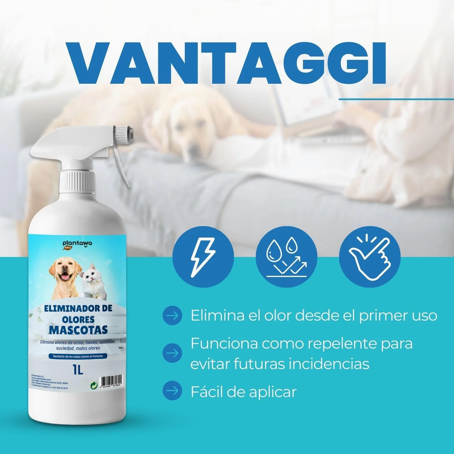 PLANTAWA Eliminatore di Odori di Animali Domestici Spray 1L | Eliminare Odore pipì Cane | Detergente Enzimatico urina Gatto, feci e Vomito | Repellente Naturale | Sicuro per Varie superfici e Tessuti
