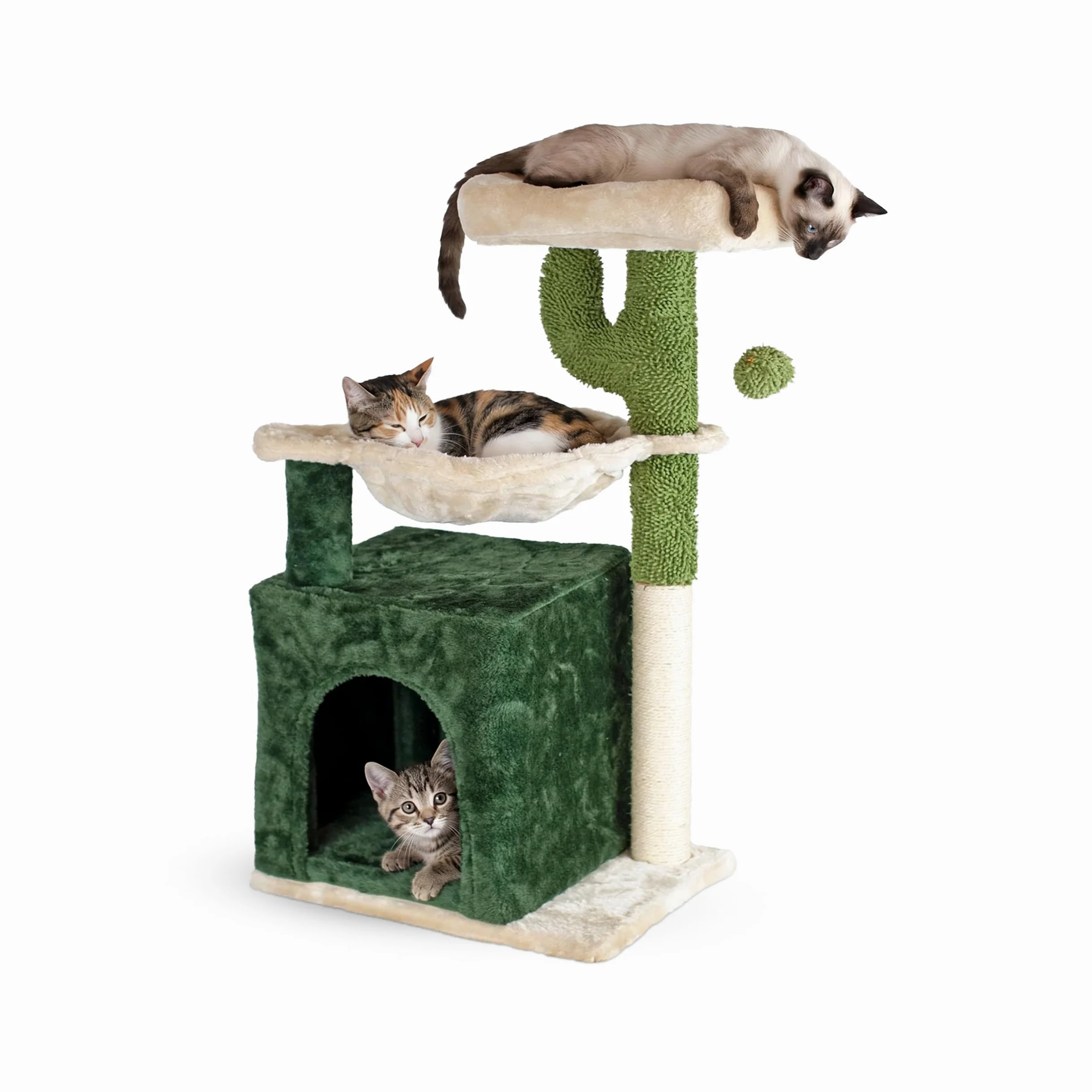 Aqpet Tiragraffi con Cuccia e Amaca in Sisal e tessuto, Alto 75 cm per il massimo divertimento del tuo gatto, Colore Beige/Verde