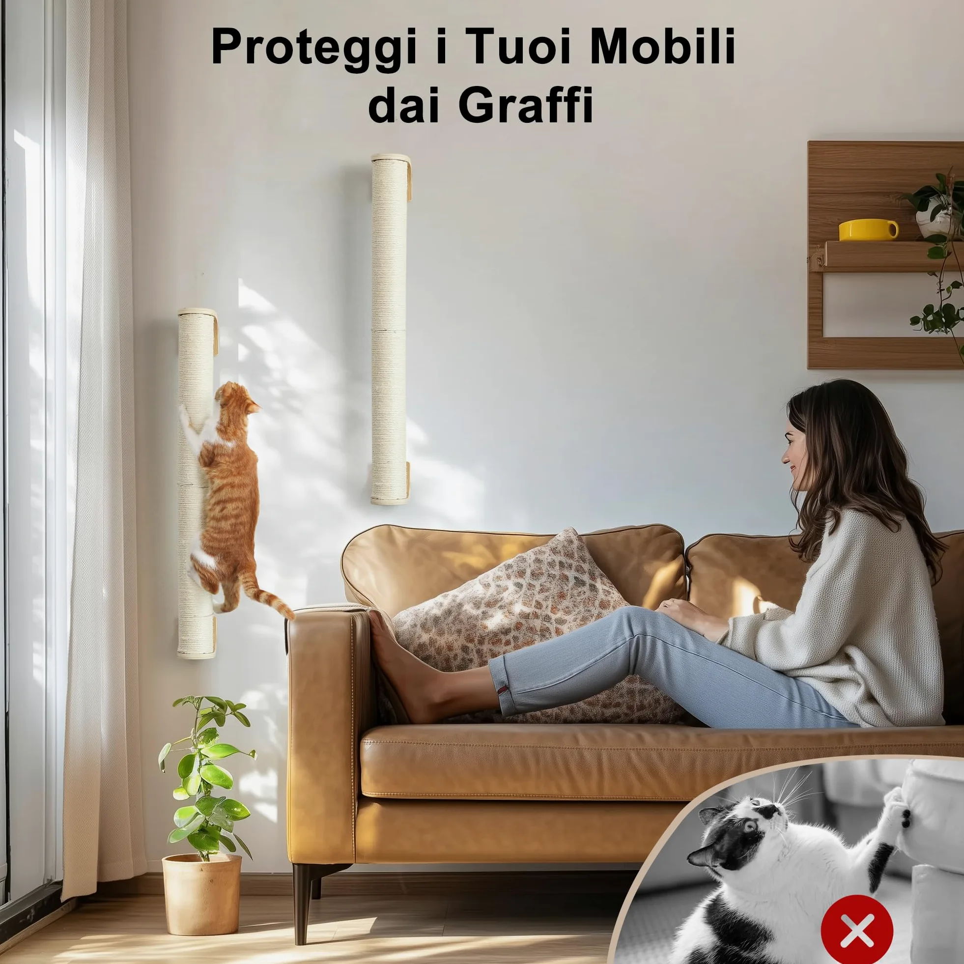 FUKUMARU Tiragraffi per Gatti da Parete, (L:71cm) Palo in Corda di Sisal Naturale a Muro per Gattini, Solido Albero per Arrampicare per Gatti Domestici.