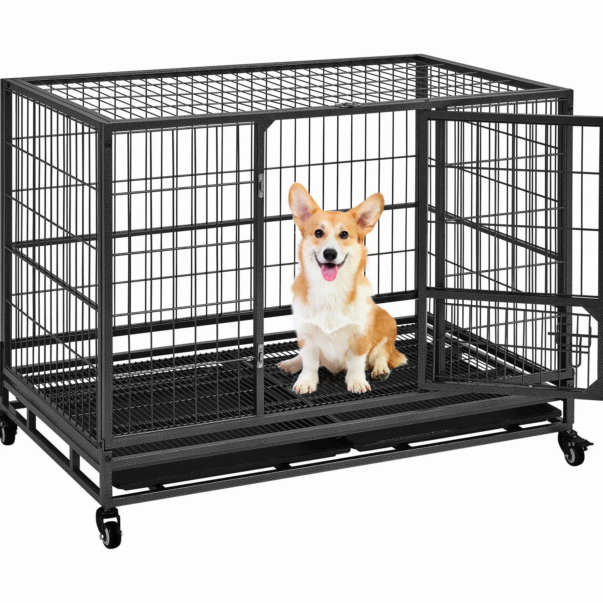 Yaheetech Gabbia per Cani Kennel Pieghevole 106 x 65 x 81 cm in Metallo Grande Tetto Apribile Medio con Ruote e Chiavistello Due Vassoi Rimovibili Sportello Nero