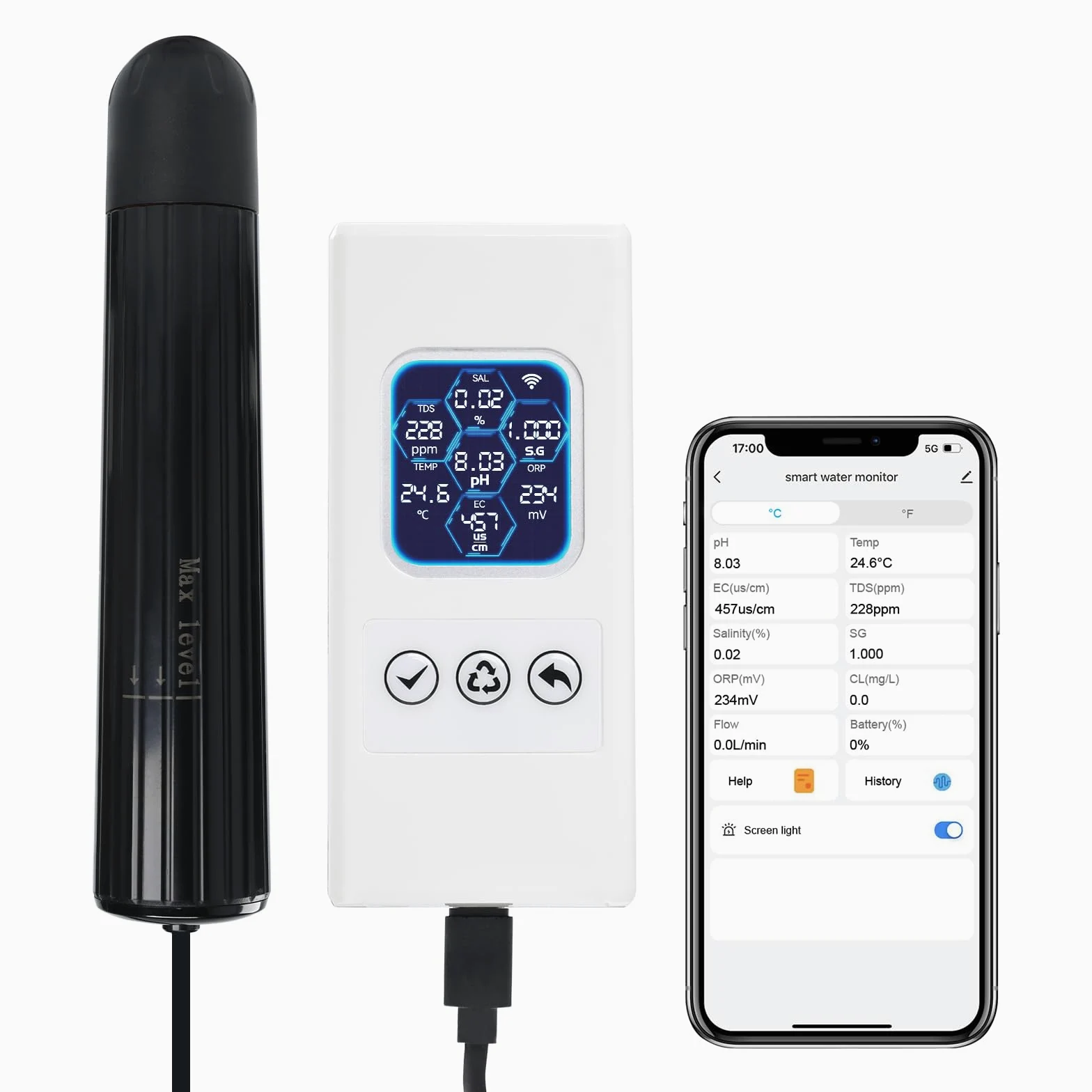 TEKCOPLUS Monitore di qualità dell'acqua 7 in 1 senza fili WiFi – pH/ORP/TDS/EC/Salinità/SG/Temp, App Tuya, avvisi in tempo reale, display a colori ATC per acquario, acqua dolce e acqua salata