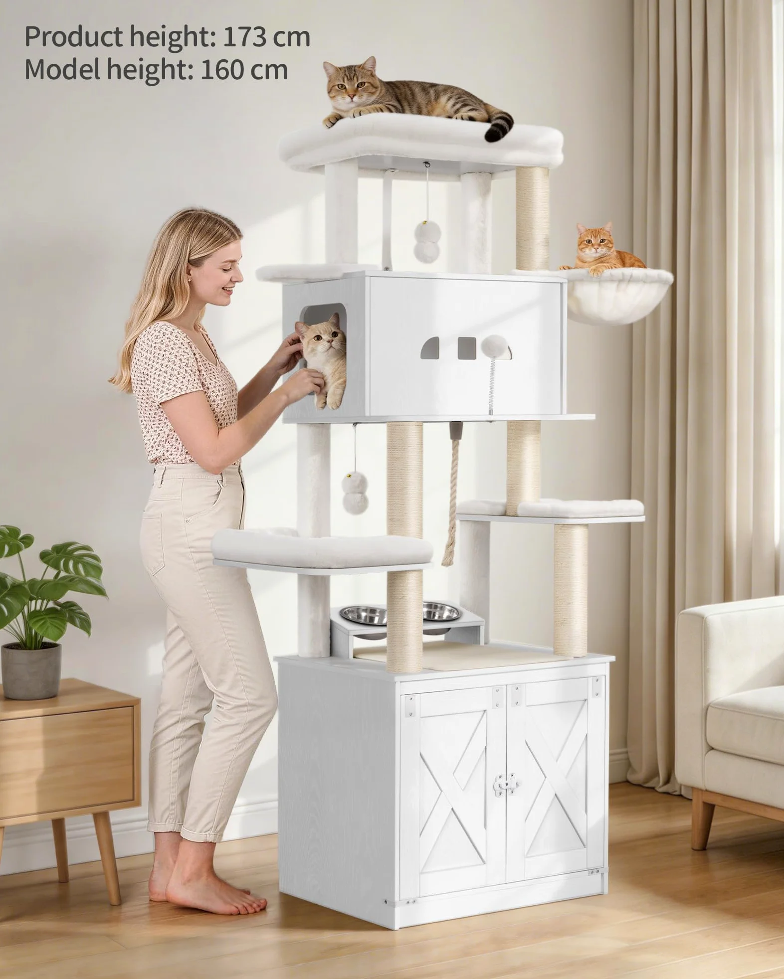 Hzuaneri Mobile Lettiera per Gatti, Albero Tiragraffi per con Ciotole, Condominio per Gatti Multilivello 173 cm, Amaca, Cuscino in Peluche Removibile e Lavabile, Bianco CB89013WT