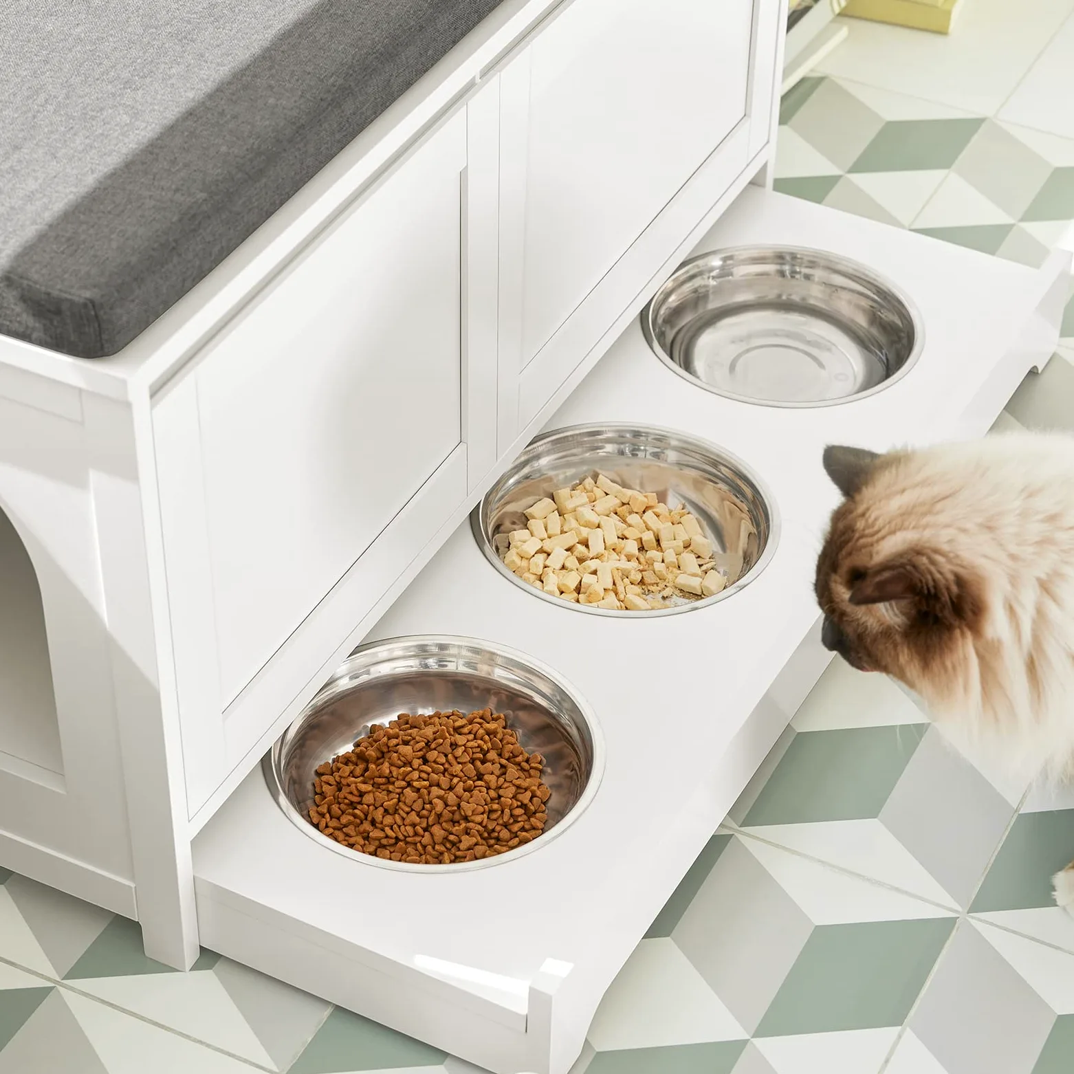 SoBuy Cuccia per gatti con ciotola per gatti in acciaio Inossidabile Panca con seduta Casetta per gatti Bianco 90x36x44cm FSR136-W