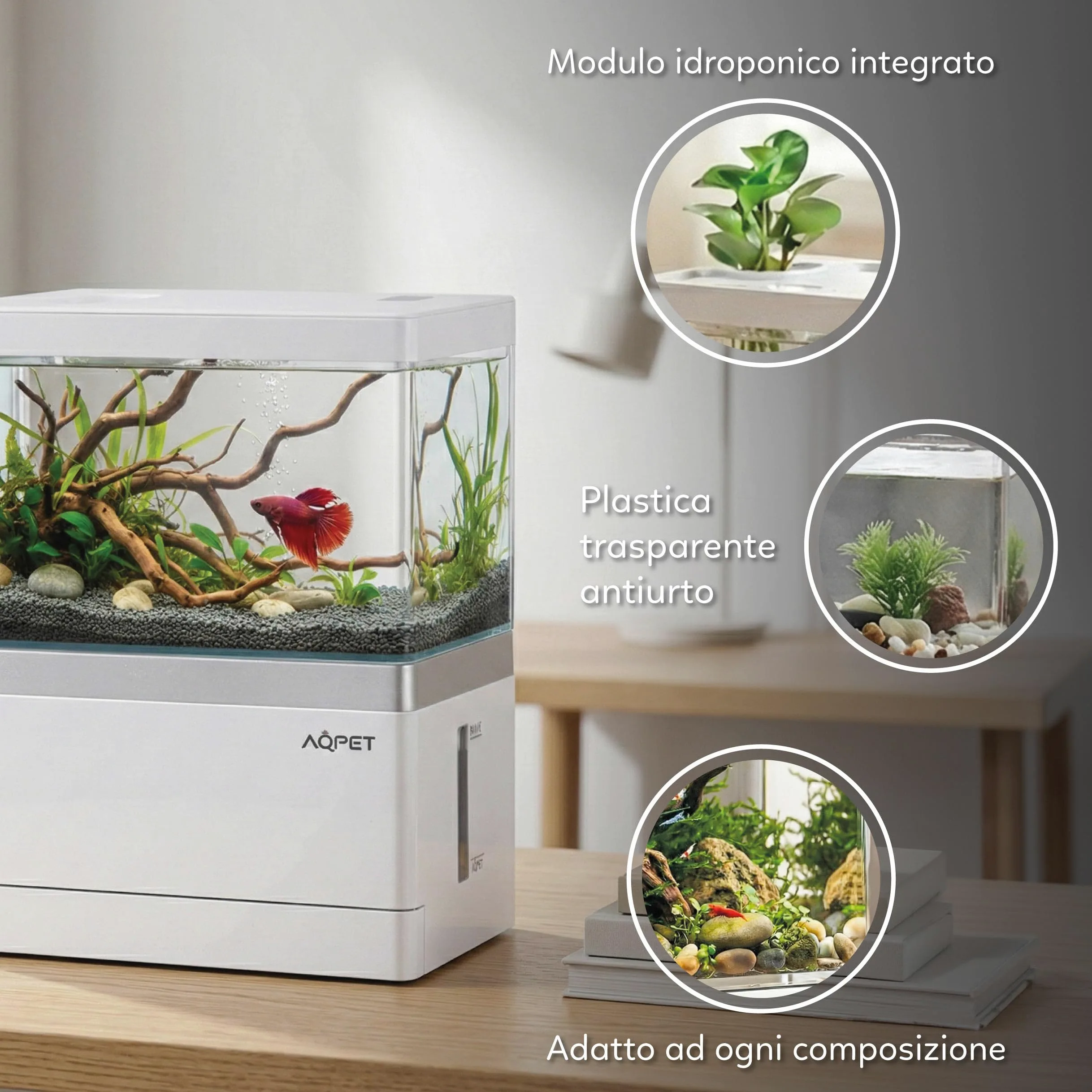 AQPET HYDO Acquario da Scrivania Multifunzionale in Acrilico con Dock Station per Smartphone – Mini Acquario con Pompa e Filtro, LED 5 Modalità e Modulo Idroponico, Ideale per Betta e Caridine