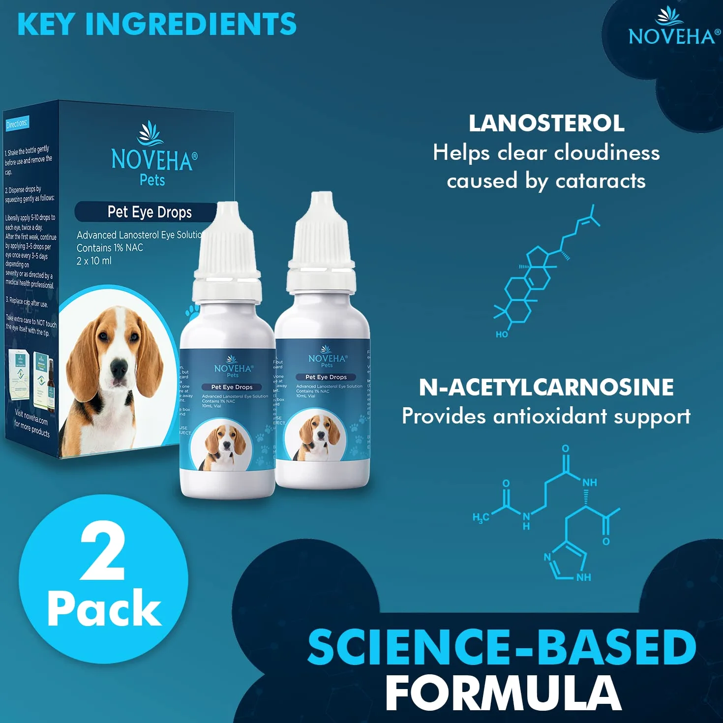 NOVEHA Gocce per animali domestici | Soluzione avanzata di lanosterolo + NAC | Gocce lubrificanti terapeutiche per cani e gatti – 2 x 10 ml