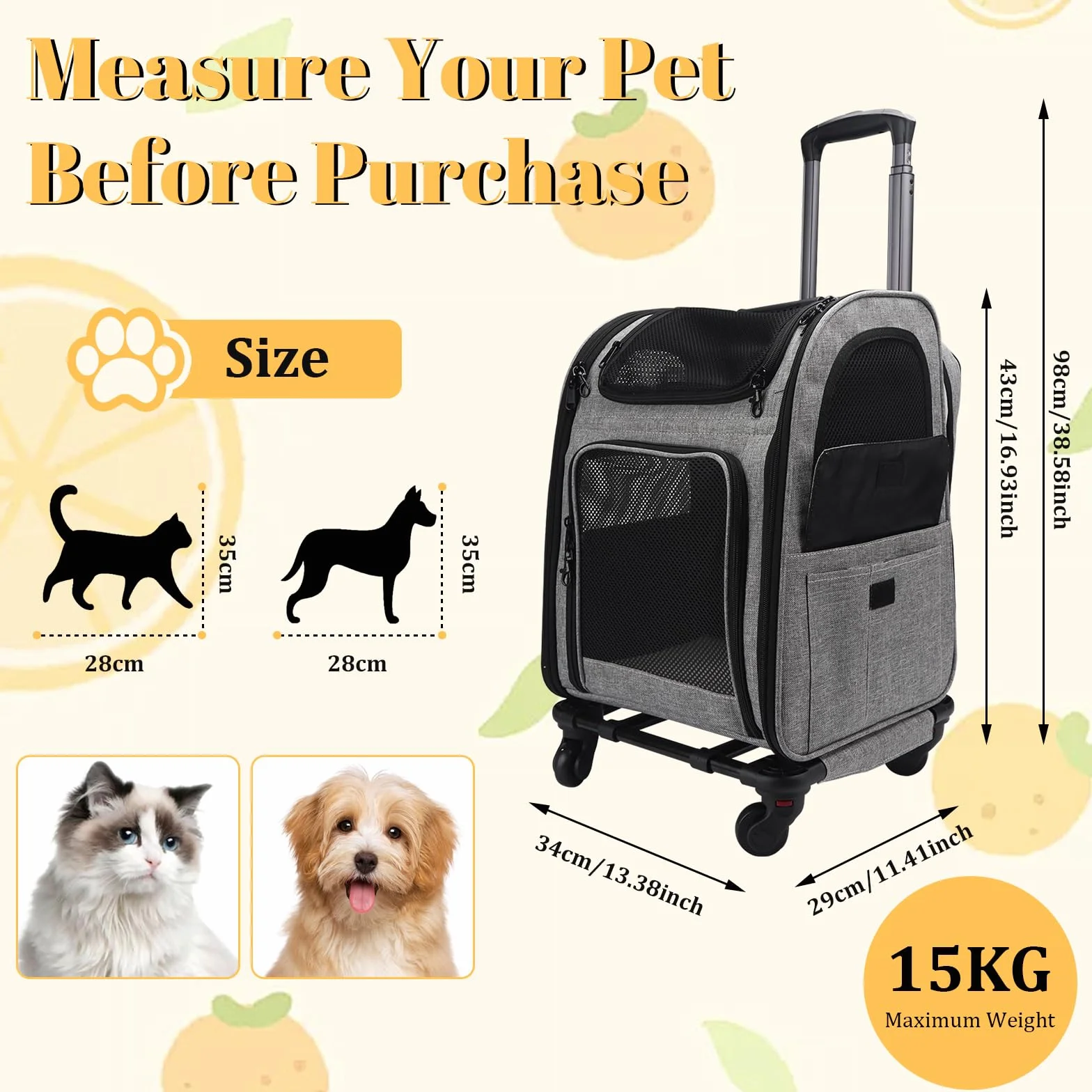 Trasportino Gatto con Ruote, Trasportino da Viaggio per Animali, Zaino Trolley per Cani Gatti con Tasche, Portatile Traspirante, per Cani Piccoli Gatti Medi Fino 15 KG per Viaggi Lunghi Corti