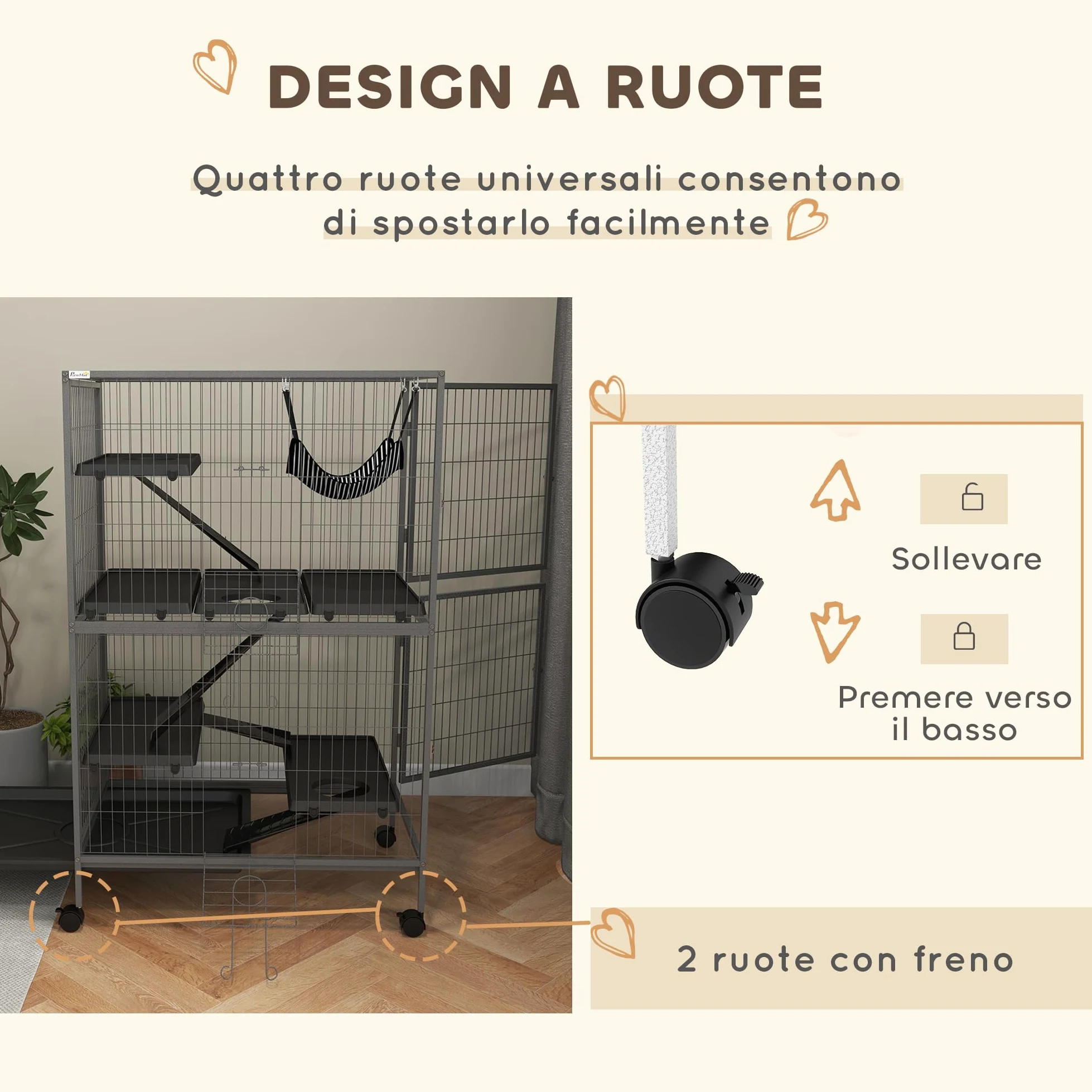 PawHut Gabbia per Animali Piccoli con 4 Ingressi a Livelli Multipli con Amaca, Gabbietta per Roditori, Furetti, Cincillà in Metallo e PP, 80x52x128 cm, Argento e Grigio