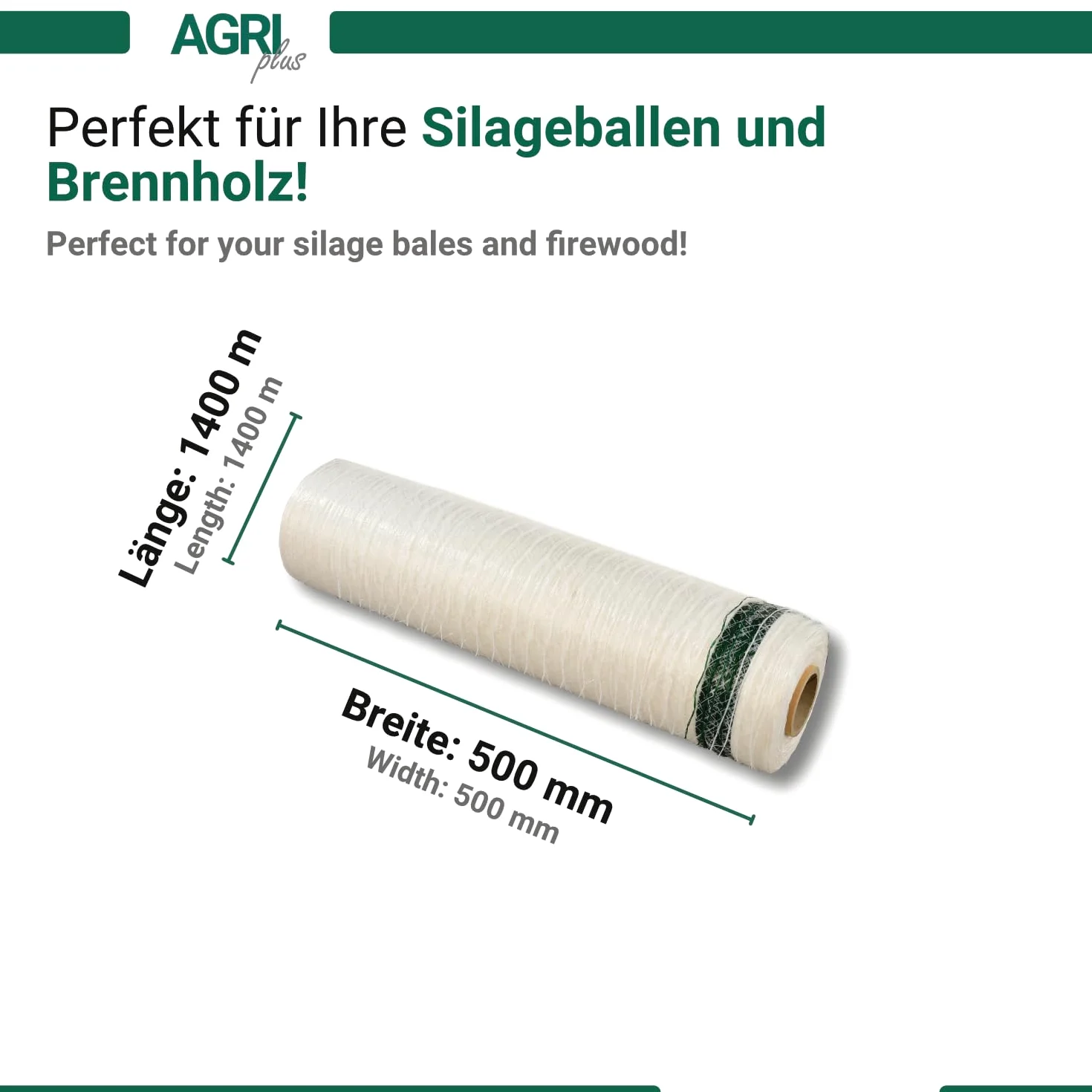 AGRIplus Rete avvolgitrice per mini balle rotonde | 500 mm x 1400 m | Resistente agli UV e agli strappi | Rete per legna da ardere | Rete per balle rotonde | Rete per fieno | Rete per presse
