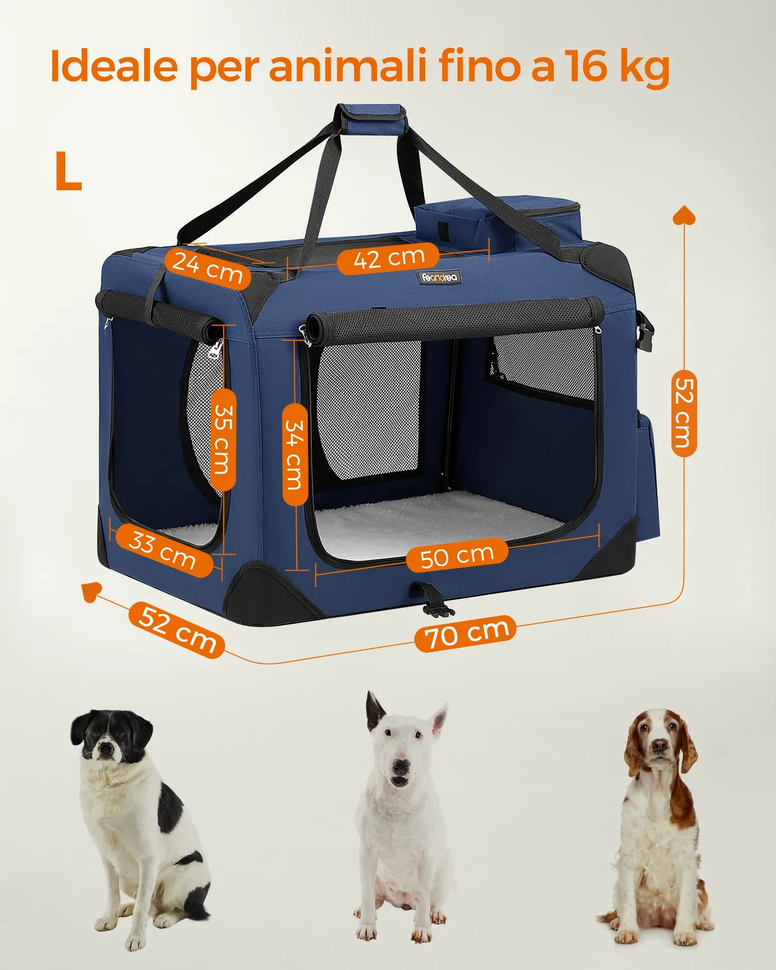 FEANDREA Trasportino per Cane, Gabbia Pieghevole, L (70 x 52 x 52 cm), Blu Scuro PDC70Z
