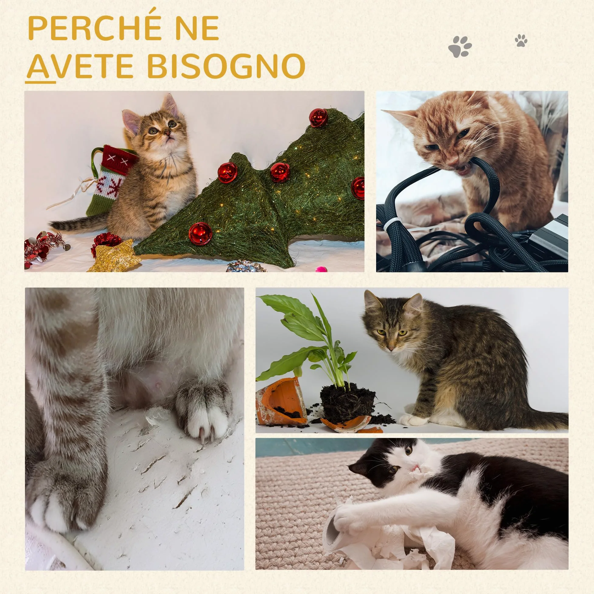 PawHut Albero Tiragraffi per Gatti Adulti e Gattini, Trespolo con Lettino per Gatti, Palo in Juta e Pallina Appesa, 40x40x49cm, Beige