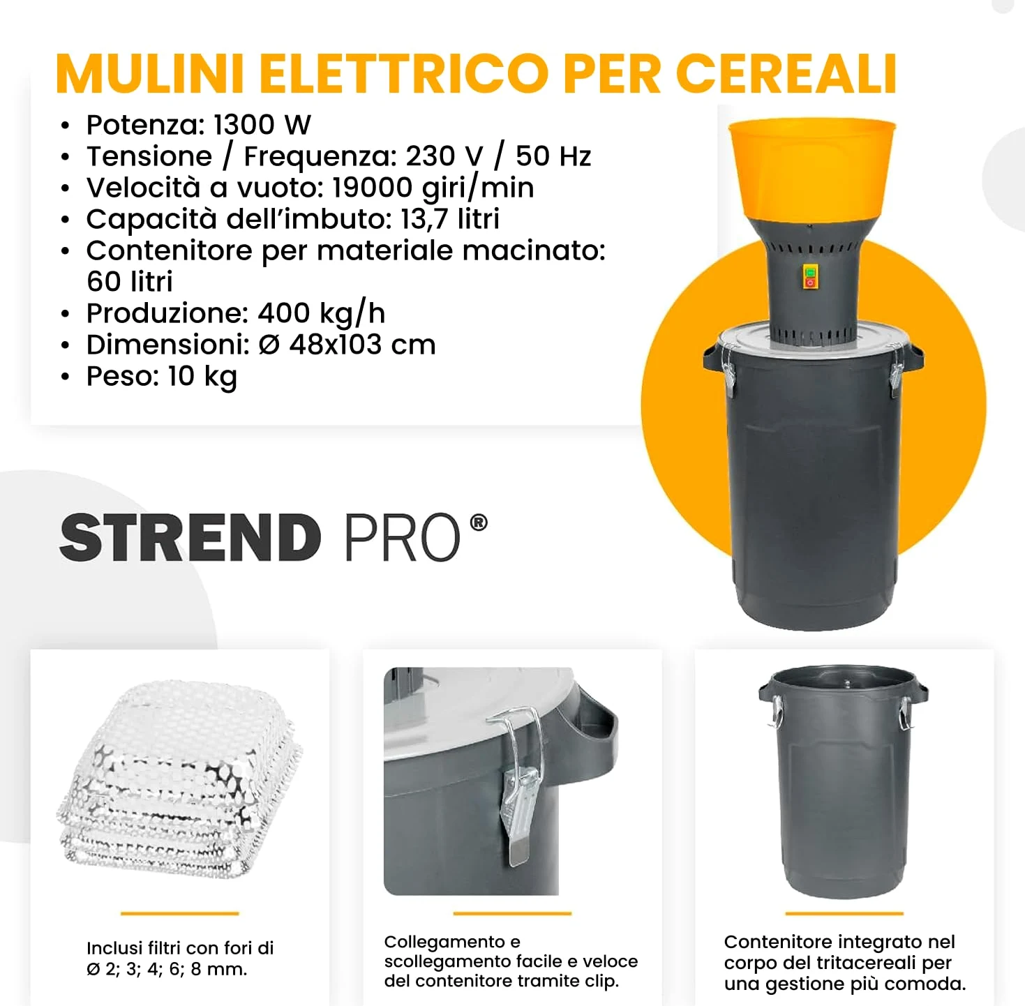 STREND PRO Mulino per cereali elettrico 1300W 60 L | 5 setacci | PROFI Mulino elettrico per tutti i tipi di cereali - Grano, Orzo, Mais, Avena | Mulino per mangimi per alimentare animali/bestiame
