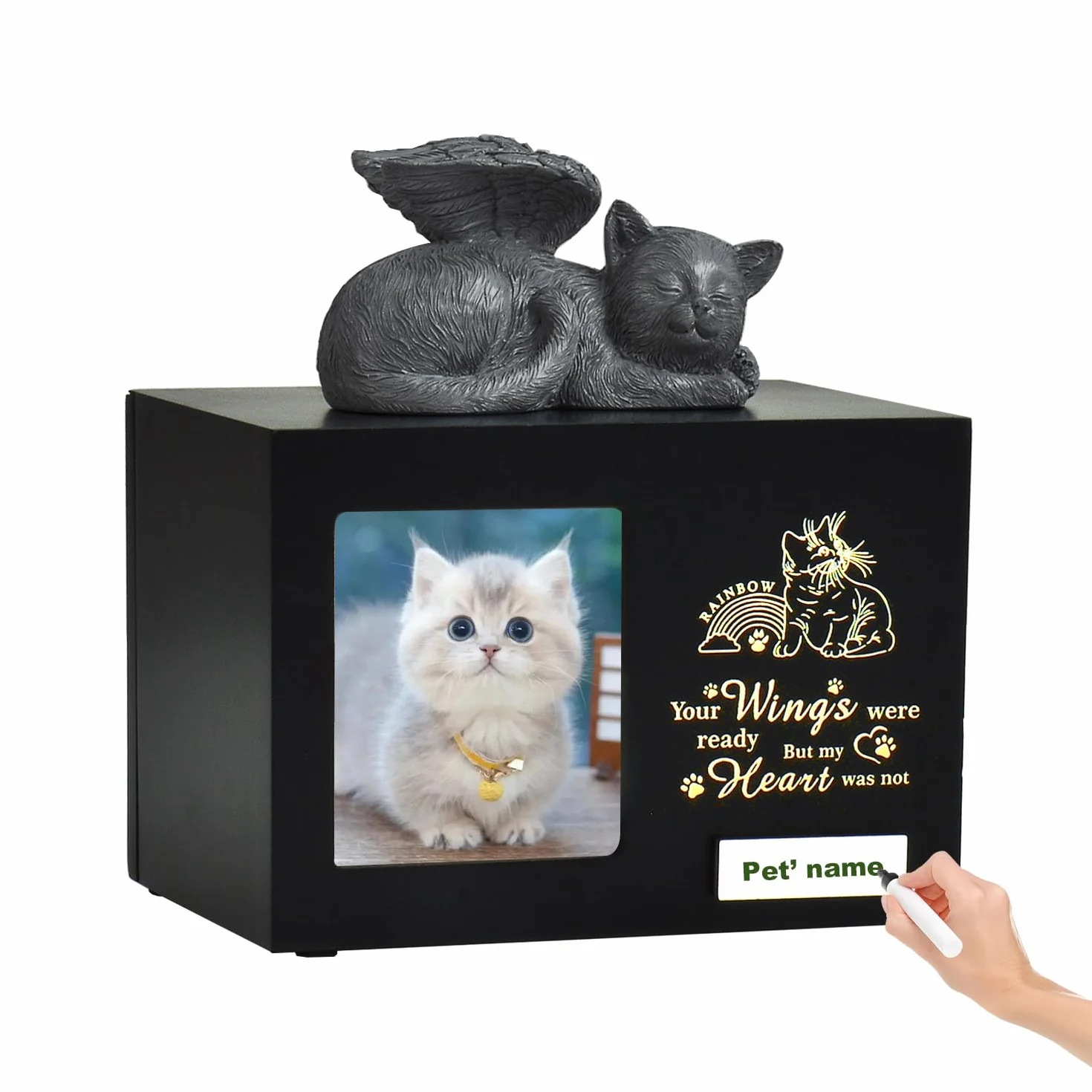 Urne per gatti personalizzate di woodurn in legno nero con foto, scatola per ceneri di animali domestici con capacità di 175 pollici cubi