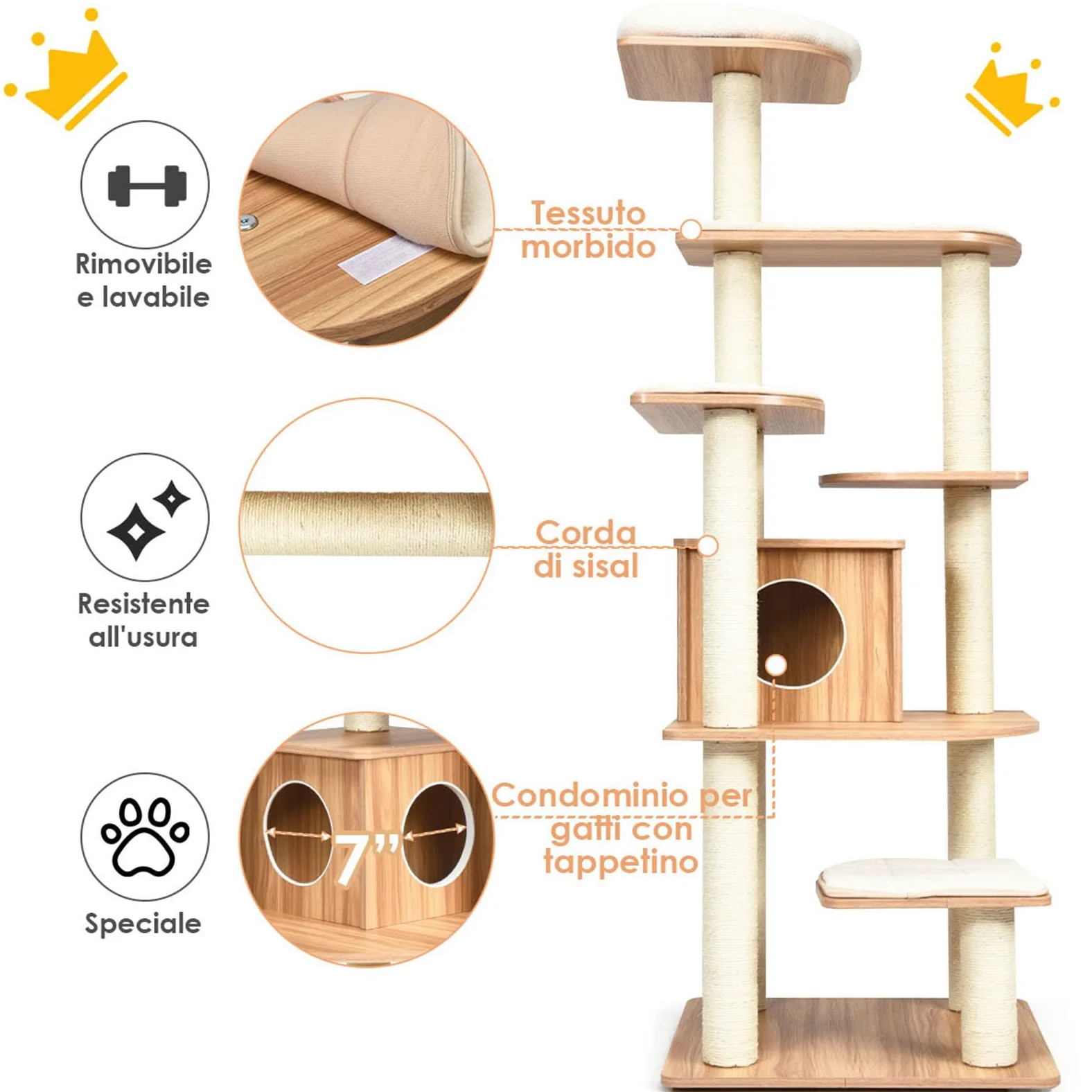 COSTWAY Tiragraffi per Gatti 176cm, Albero per Gatti Adulti XXL con Corda Sisal, Cuccia, Piattaforma e Cuscini, 86,5 x 86,5 x 176cm, Nero e Naturale