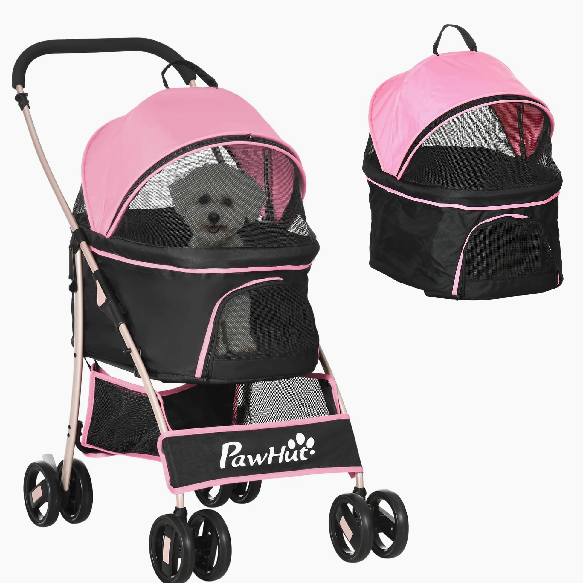 PawHut Passeggino per Cani 3 in 1 Pieghevole Convertibile in Borsa da Trasporto, Seggiolino Auto con 2 Guinzagli, Cuscino, Passeggino per Animali in Acciaio, Tessuto Oxford, 82x49.5x98cm, Rosa