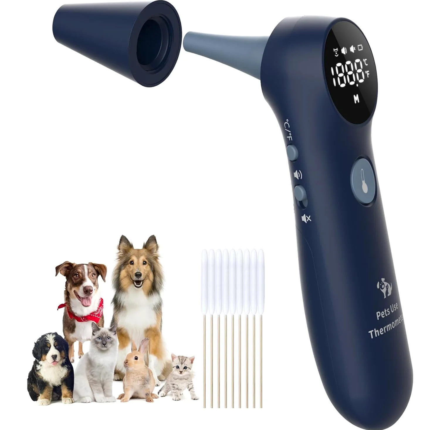 Termometro auricolare per animali domestici 2023NEW, sonda lunga per condotto uditivo per animali domestici, conversione ℃/℉ e pulsante dedicato per il cambio del suono, veloce e preciso