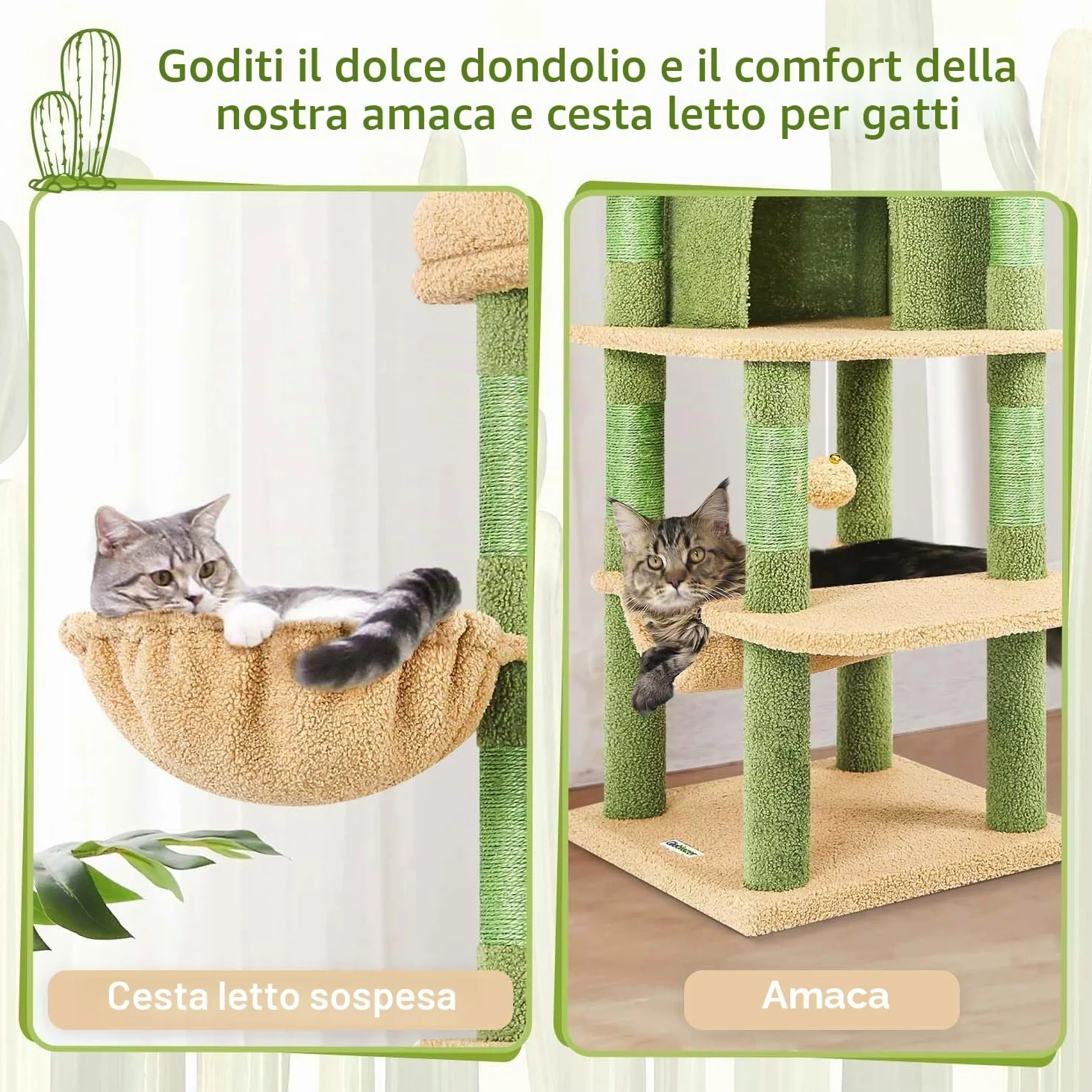 Globlazer Albero Tiragraffi ad Angolo Cactus Verde, Tiragraffi per Gatti Spigolo Alto 130 cm con Grandi Piattaforma, Curva Grotte, Amaca, Cesto, Torre per Gatto per 2-4 Gatti Adulti (C51, Verde)