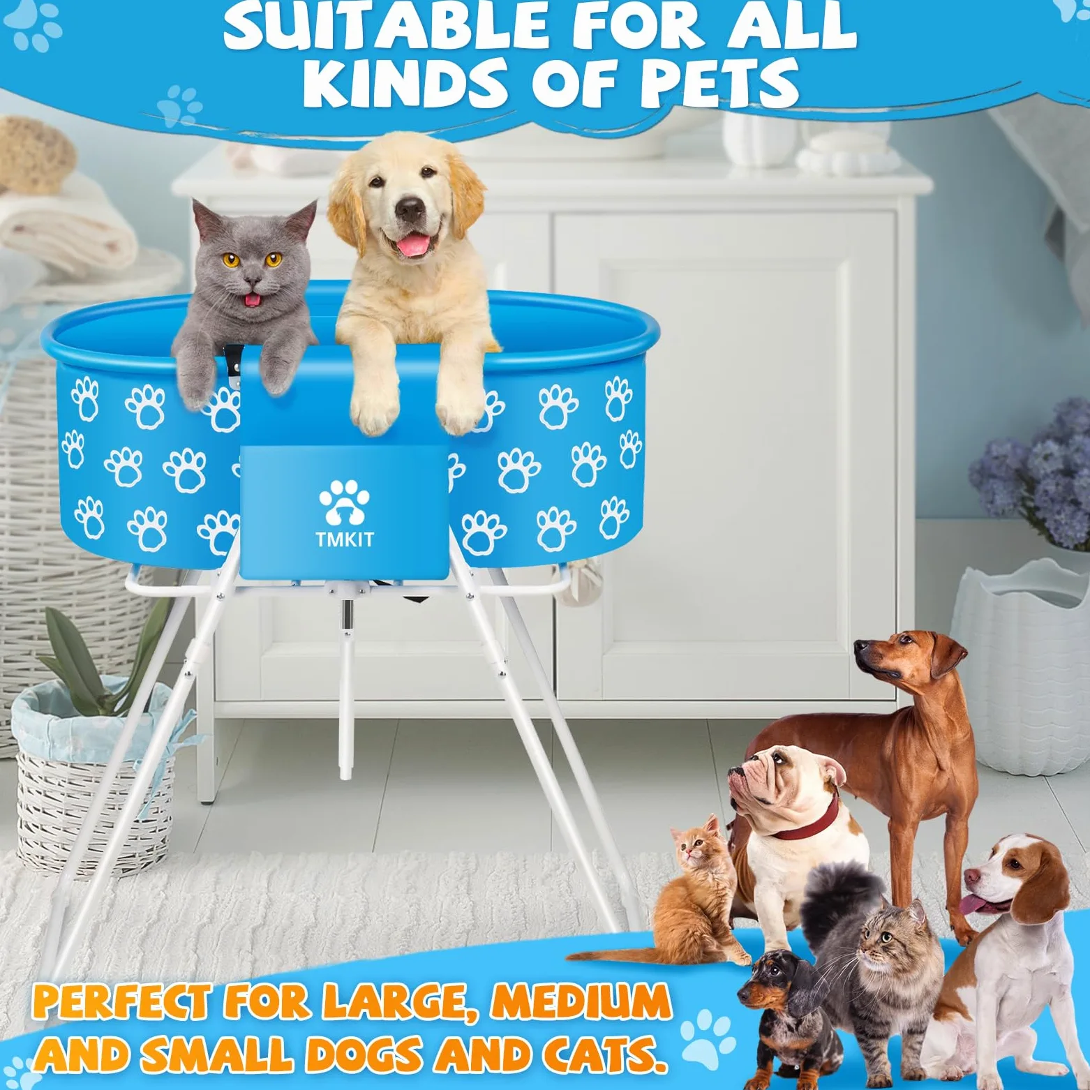 Vasca da Bagno per Cani, Vasca da Bagno Professionale rialzata per Cani, Doccia e toelettatura, Portatile, Pieghevole con Blocco di Sicurezza, Stazione di Lavaggio per Animali Domestici di