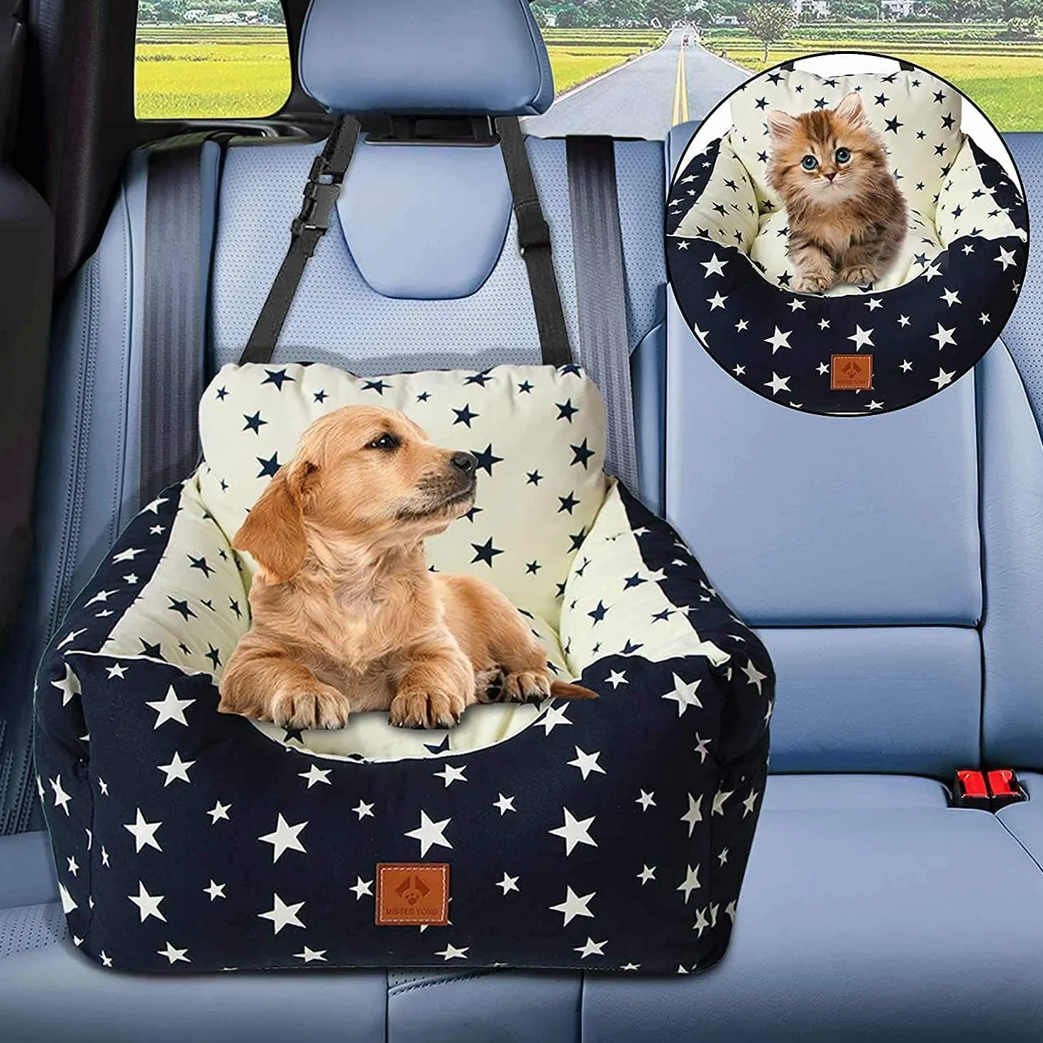 Seggiolino auto per cani,Seggiolino da viaggio per cani,Seggiolino Auto per Cani di Piccola e Media Taglia,Comodo e Sicuro,può Essere smontato e Pulito Facilmente (Beige, Medio)