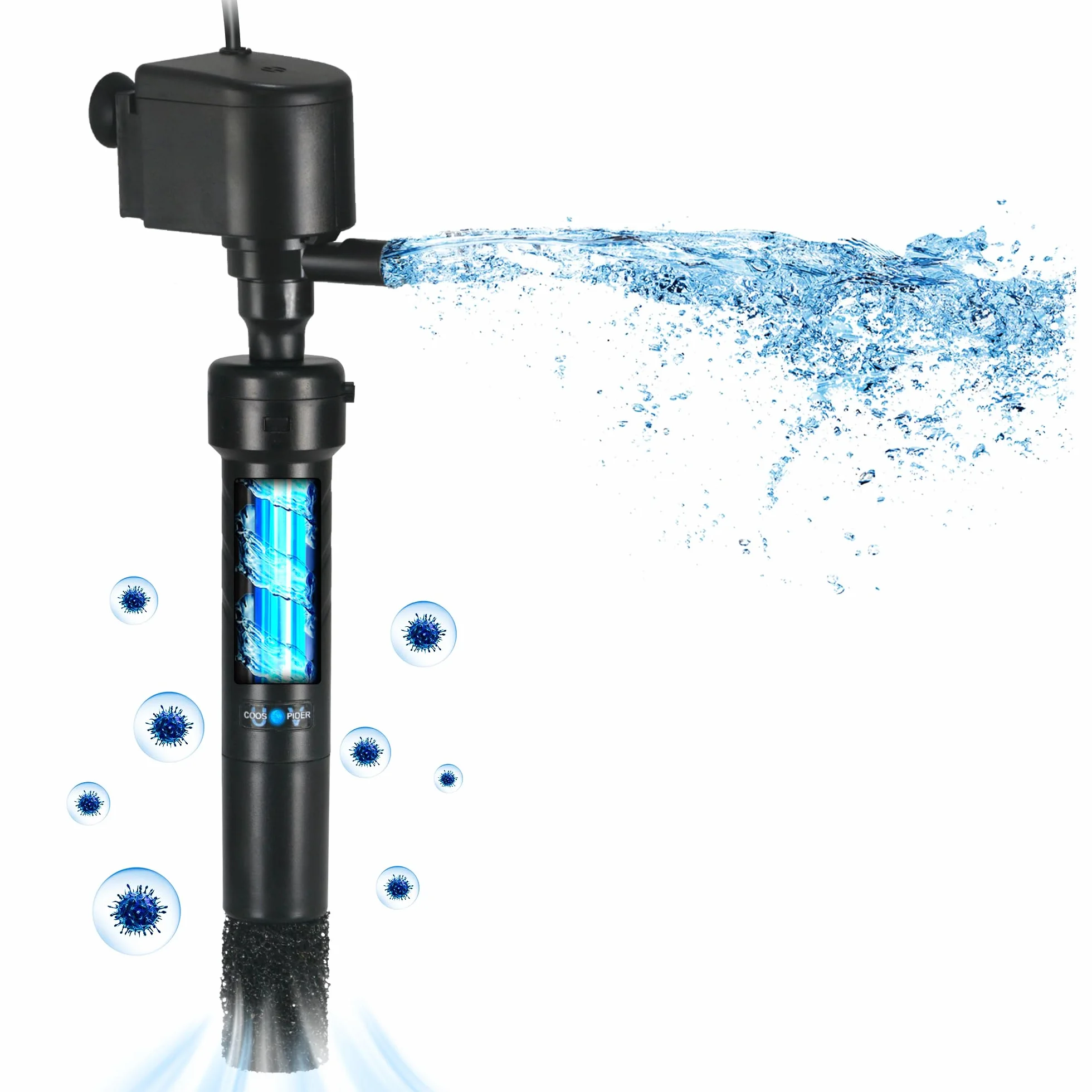 Pompa filtro U-V per acquario da 150 – 380 L, 5 W, antialghe, chiarificatore U-V, 1200 l/h, cristallina, acqua fredda, pesci tropicali