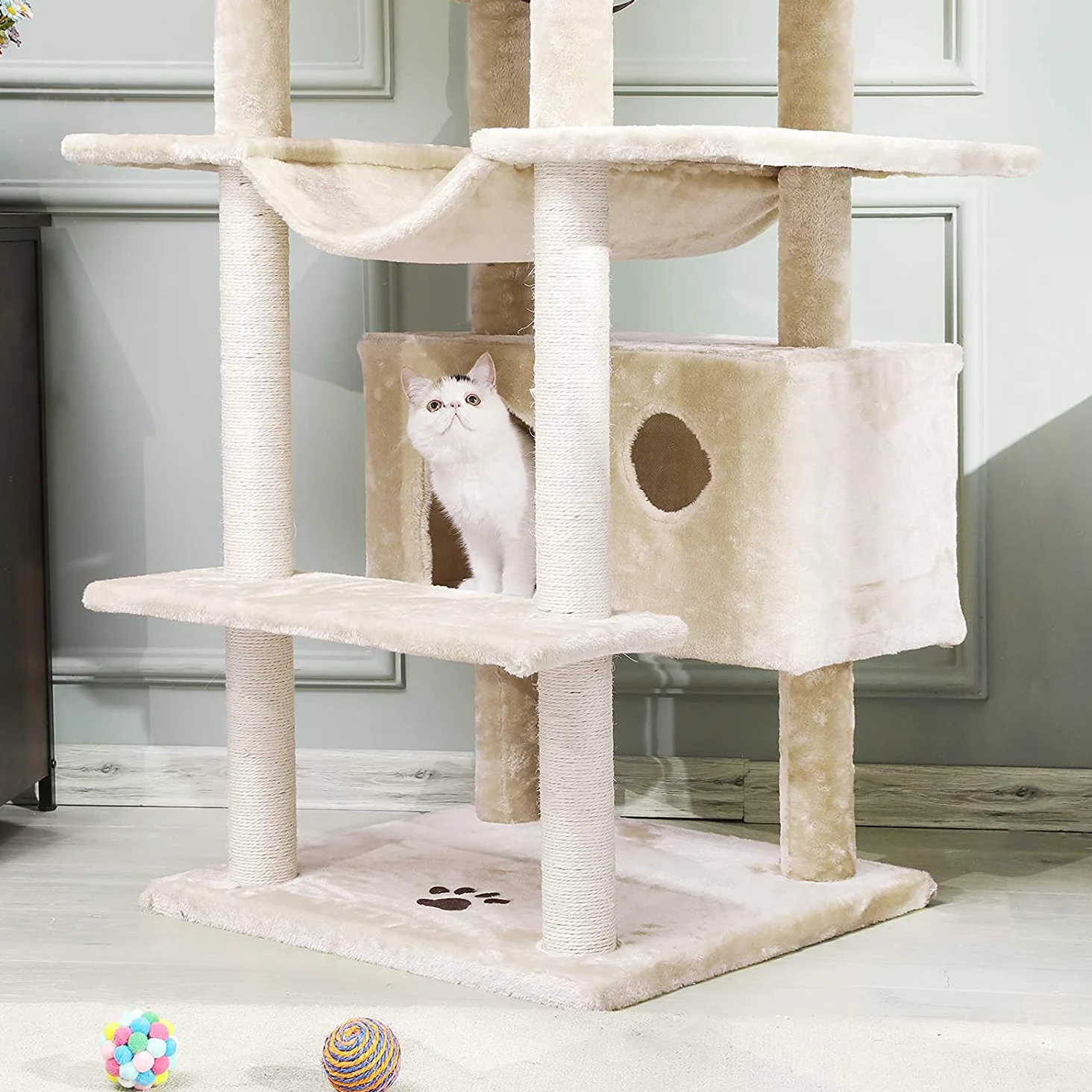 MSmask, Tiragraffi grande, in formato XXL, 175 cm, stabile, con 3 grandi piattaforme di osservazione, per gatti di grandi dimensioni, elementi tiragraffi in sisal (beige)