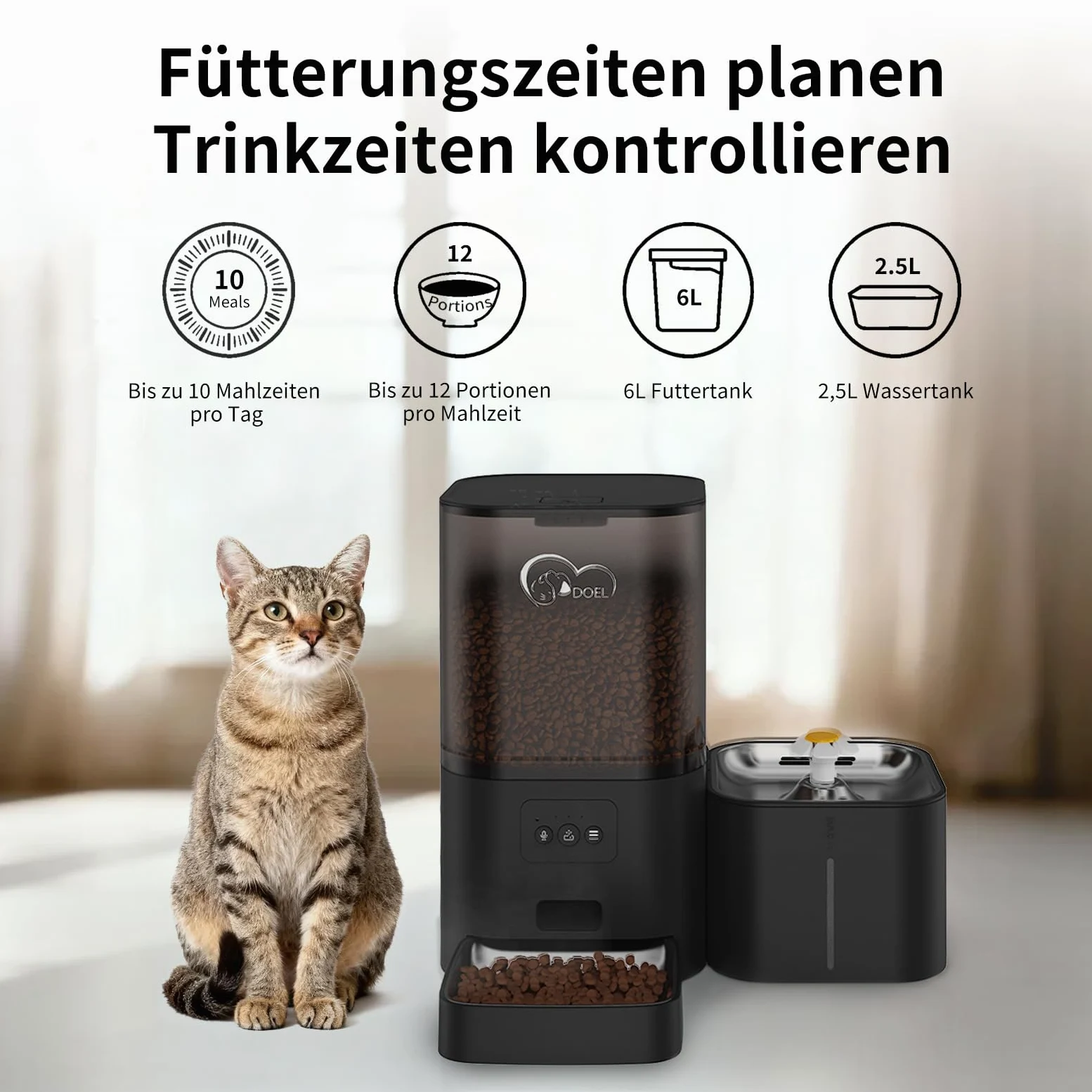 DOEL 2-in-1 automatic feeder and water dispenser for cats, large-capacity 6-liter dry food dispenser + 2.5-liter water dispenser with app control, voice recording, timed feeding