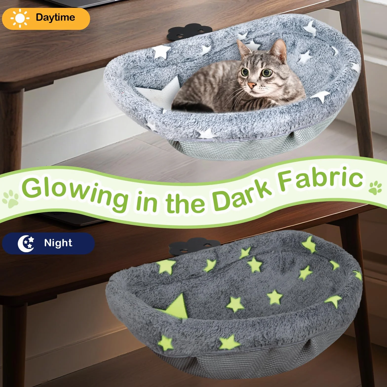 Amaca da scrivania per gatti con morsetto, design pieghevole che si illumina al buio, struttura in metallo robusta, copertura rimovibile e lavabile, supporta fino a 22,7 kg