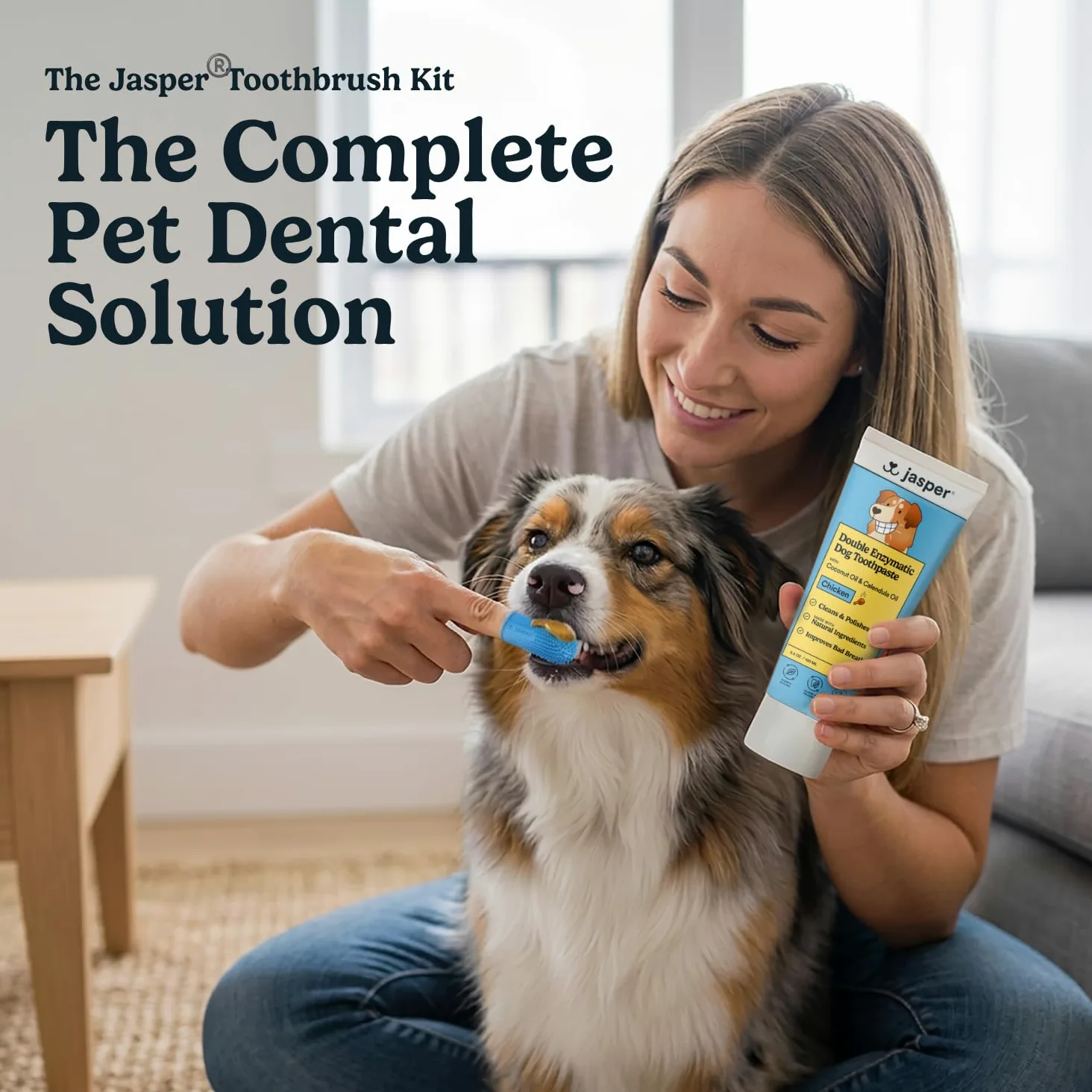 Jasper Kit di spazzolatura dei denti per cani e kit di dentifricio per cani 360 Spazzolino da denti per cani Rimozione enzimatica della placca Imporve alito cattivo Dentifricio naturale per animali