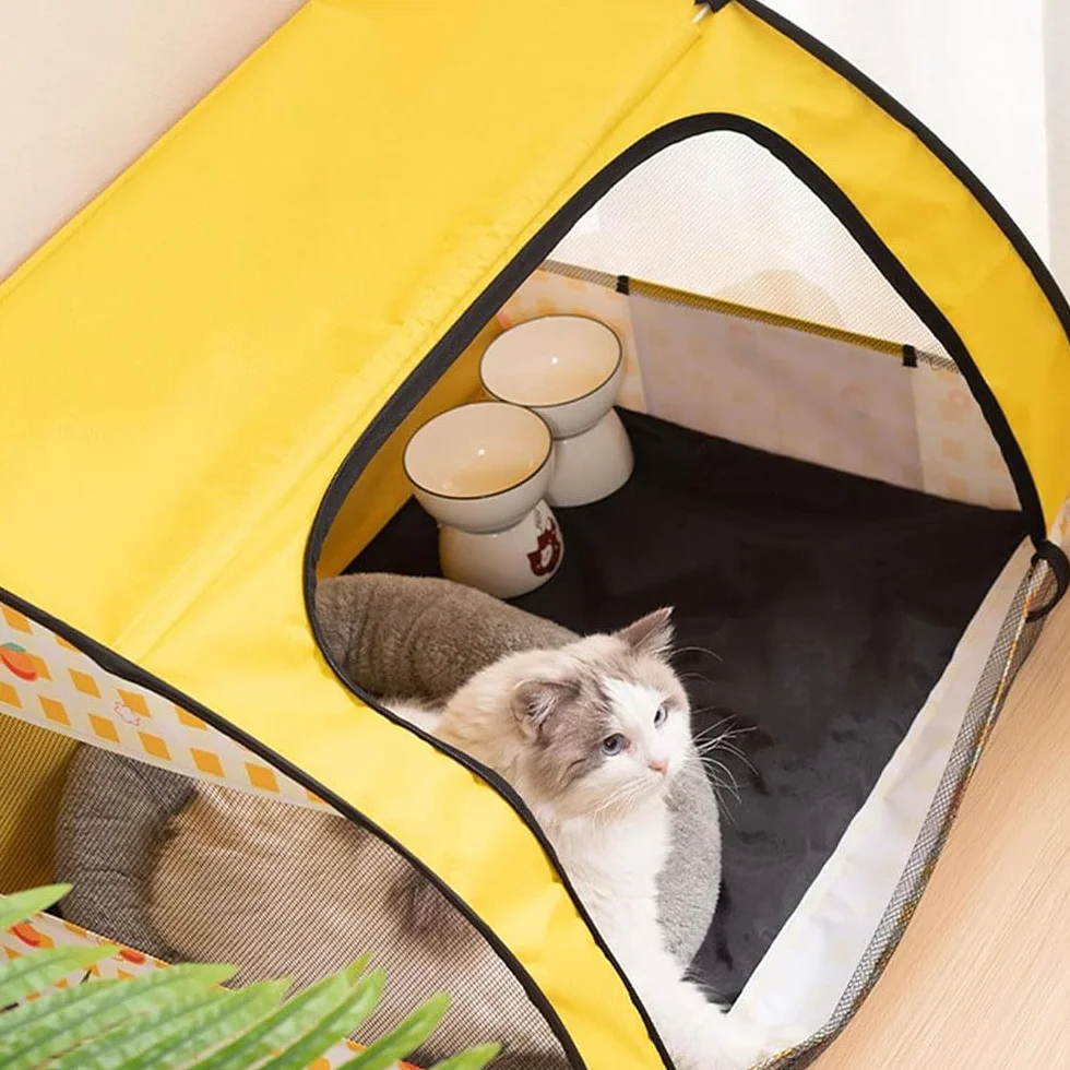 Box portatile per animali domestici, box pieghevole per gatti, multifunzionale, con cerniera, box per cuccioli, gabbia per animali domestici, per uso interno ed esterno in viaggio (giallo, L, 1)