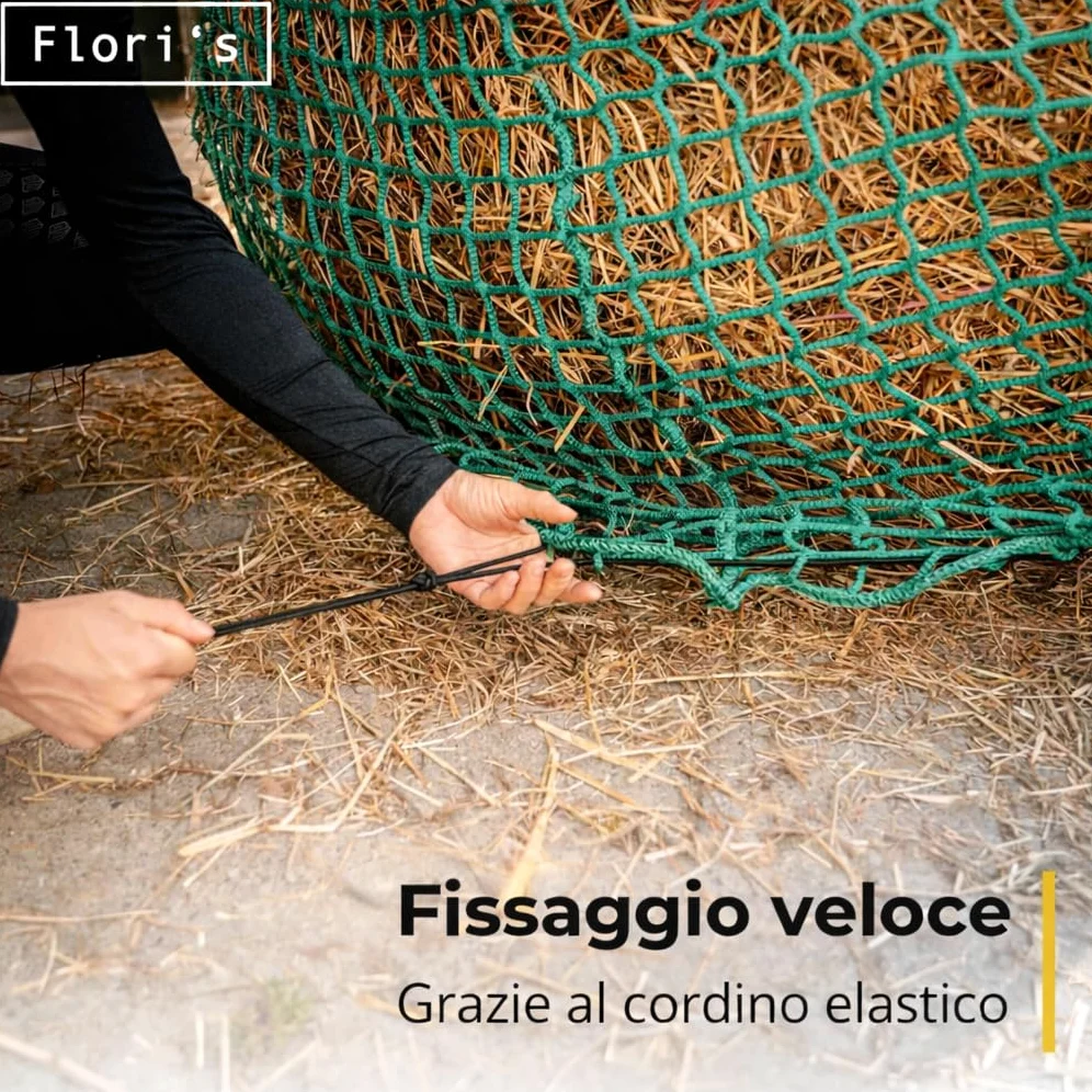 Flori's® Rete da Fieno per Balle Tonde – Ø 150 cm, Altezza 150 cm – Maglia 4,5 x 4,5 cm – Rete da Fieno Stabile per Cavalli per un'alimentazione Naturale - Rete per Balle Tonde per Fieno, Rete da