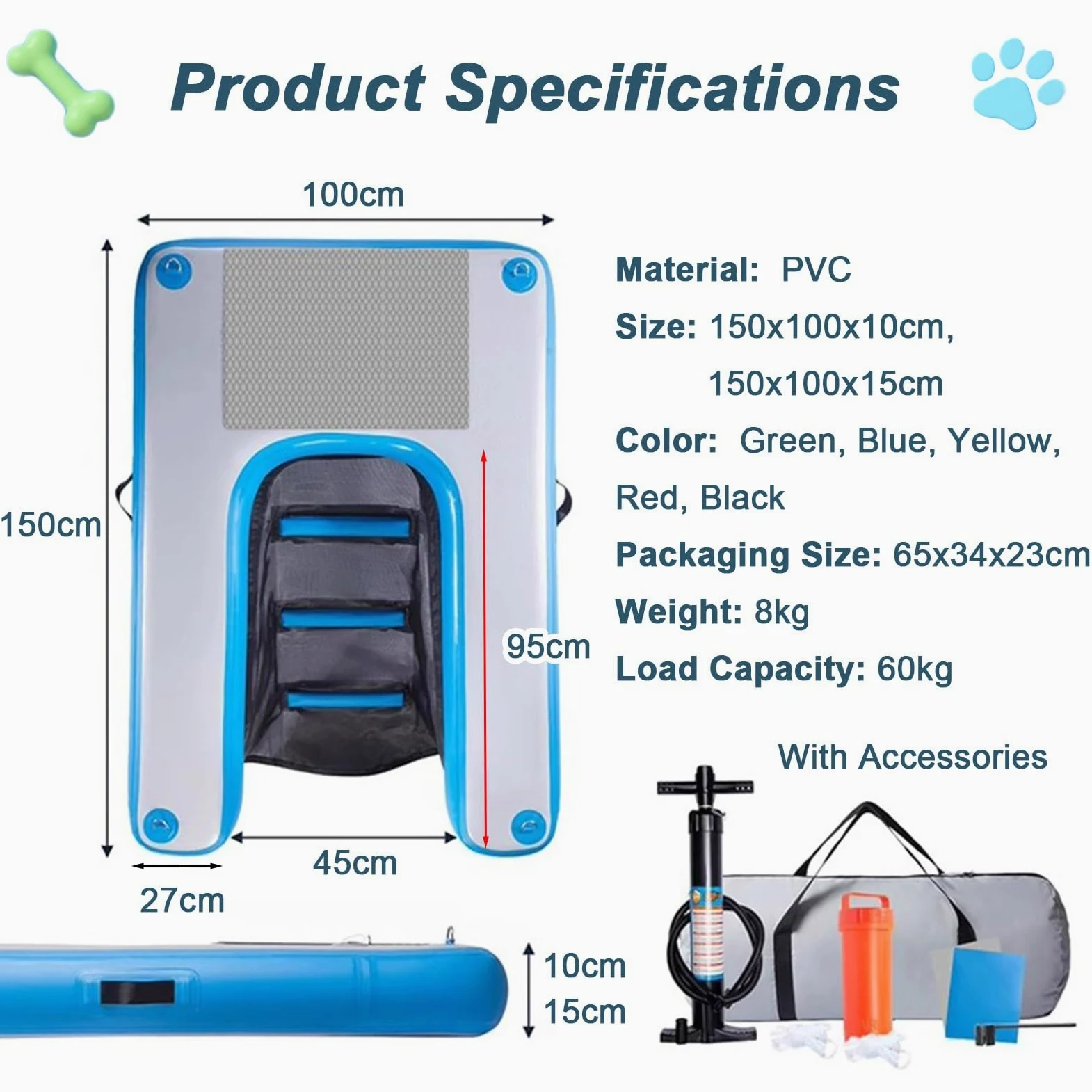 Rampa gonfiabile per cani, pieghevole e portatile, soluzione di accesso all'acqua per animali domestici, include pompa, corda e kit di riparazione per una facile uscita dalla piscina o dal molo