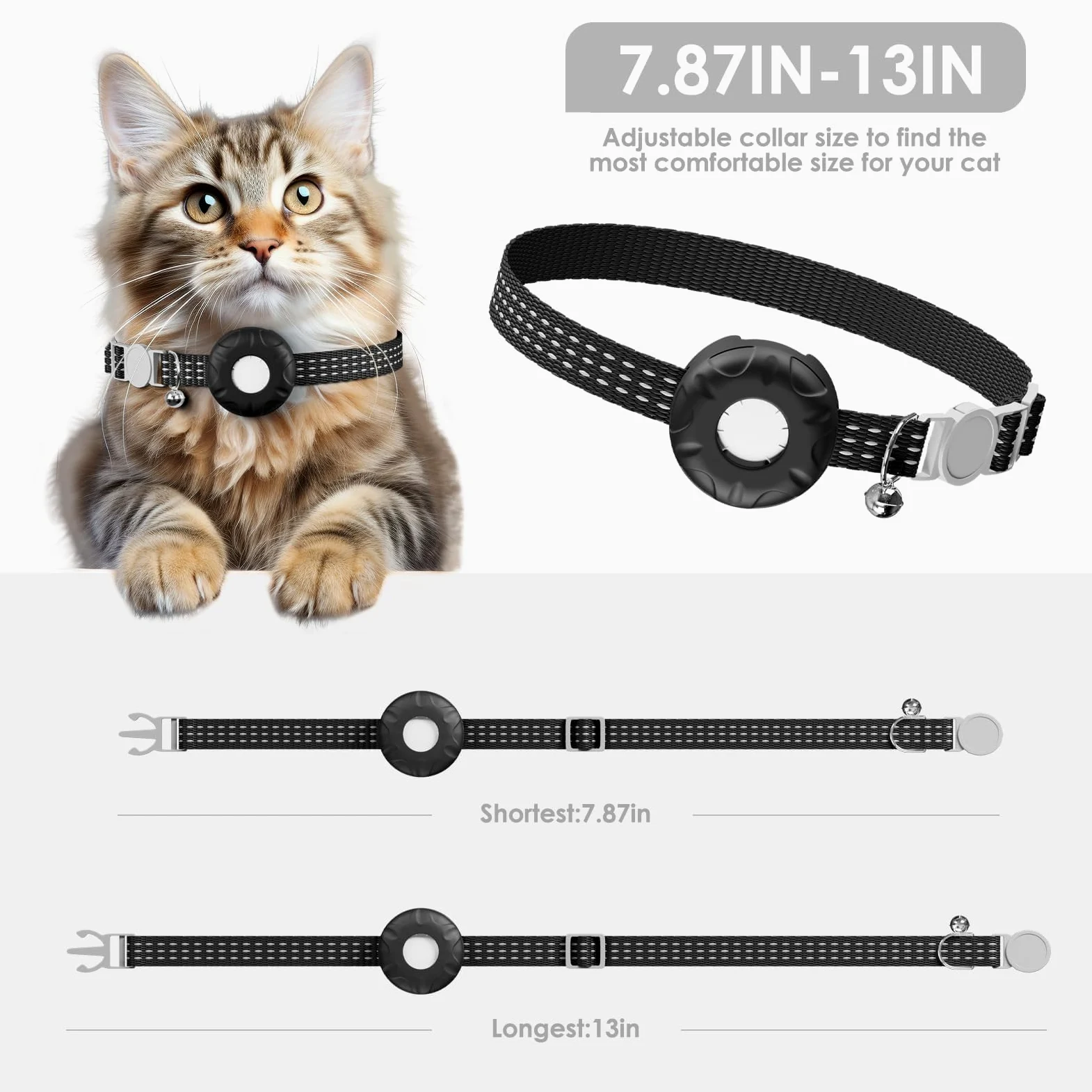 Localizzatore GPS per gatti, impermeabile, per gatti, con fibbia elastica di sicurezza, funziona con qualsiasi collare, compatibile con Apple Find My App (solo iOS), senza canone mensile, nero