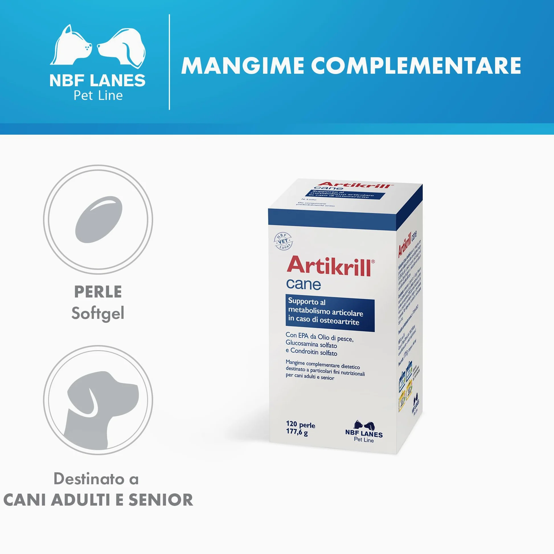 NBF Lanes | Artikrill Cane, 120 Perle Appetibili, Supporto Metabolismo Articolare in caso di Osteoartrite in Cani Adulti e Senior