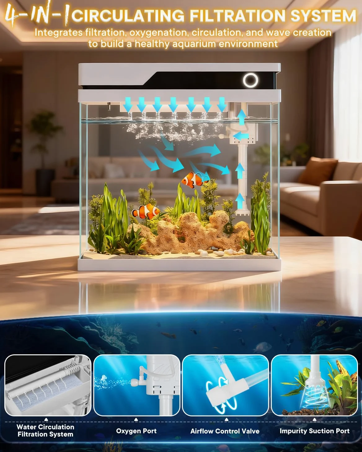 Vehipa Acquario per Pesci Rossi da 16L, Completo Acquario con Alimentatore Automatico, Pompa Silenziosa 4 in 1, Illuminazione Regolabile, Display della Temperatura e Umidificatore