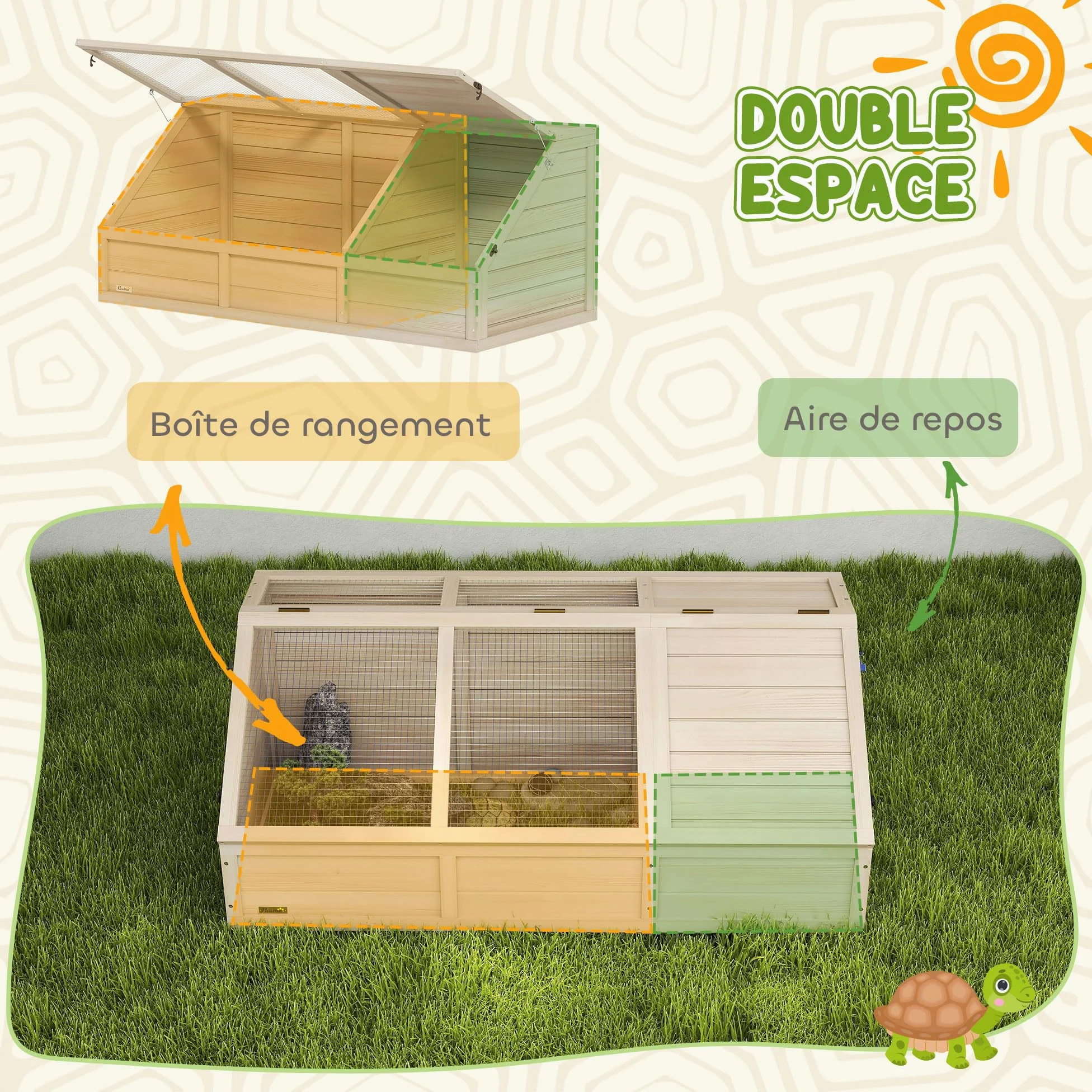 PawHut Casa in Legno per Tartarughe, recinto esterno per piccoli animali con coperchio apribile, fermi e 2 spazi separati, senza fondo, 120 x 55 x 50 cm, legno naturale