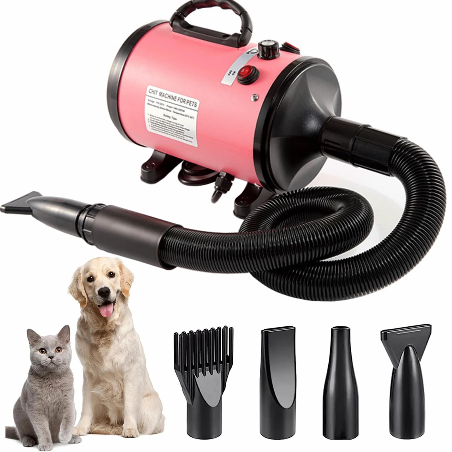 Soffiatore per Cani Asciugacapelli per Cani 2800W Phon per Cani Silenzioso Asciugatore per Cani Asciuga Cane Velocità e Temperatura Regolabili Asciugatrice per Cani Professionale con 4 Ugelli