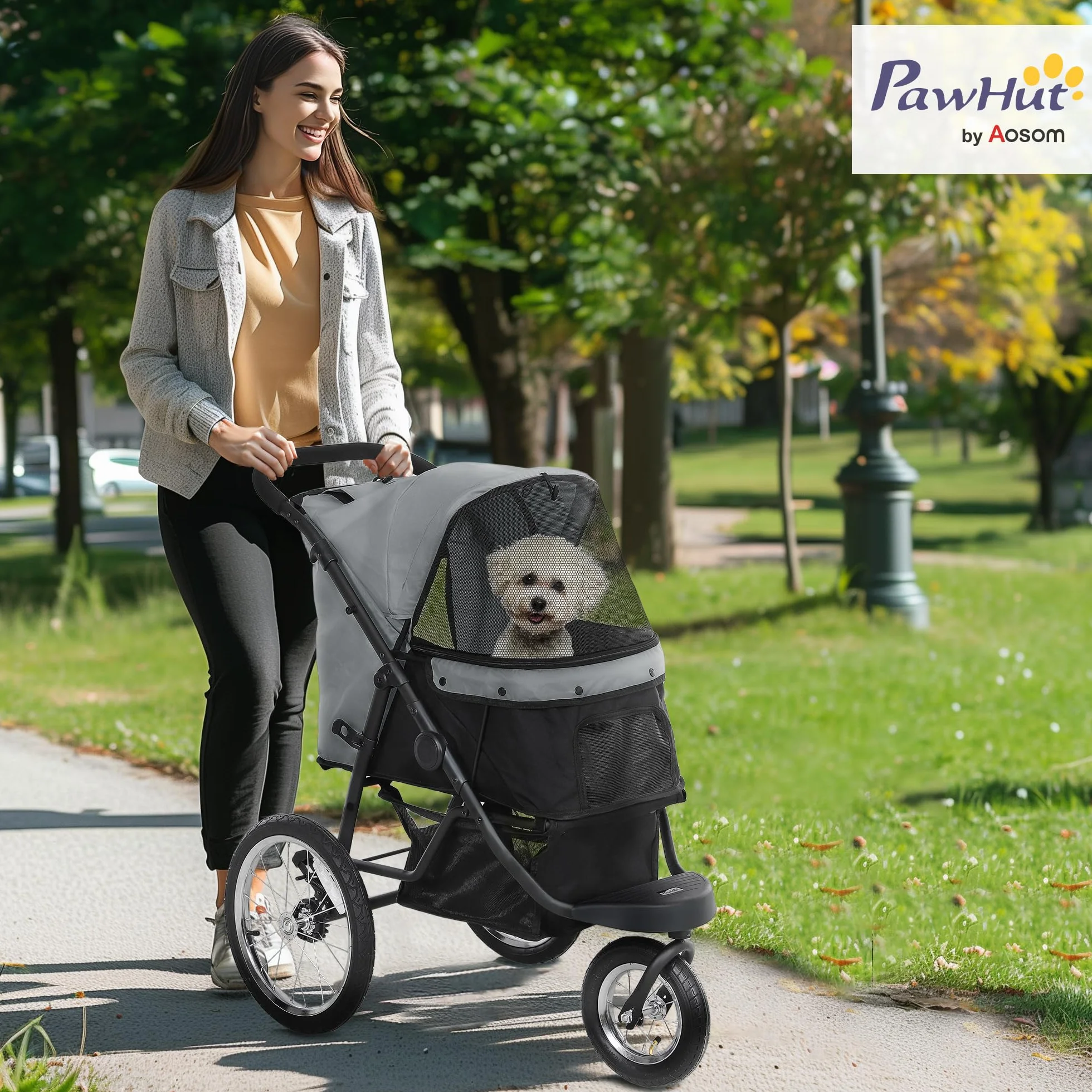 PawHut Carrozzina per cani pieghevole in un click, carrozzina per gatti con cestino portaoggetti, cuscino lavabile, guinzaglio di sicurezza, grandi ruote in gomma e capottina regolabile, grigio