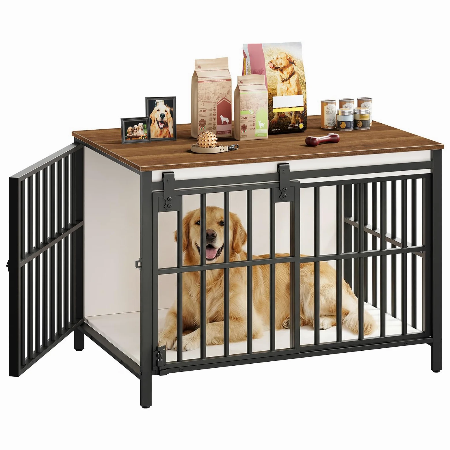 HOOBRO Gabbia per Cani in Stile Mobile con Porta Scorrevole, Cuccia Moderna per Cani Medio-Piccoli, Kennel Cane Medio a 2 Ingressi, per Soggiorno, Bianco e Color Noce EBWH163GW03