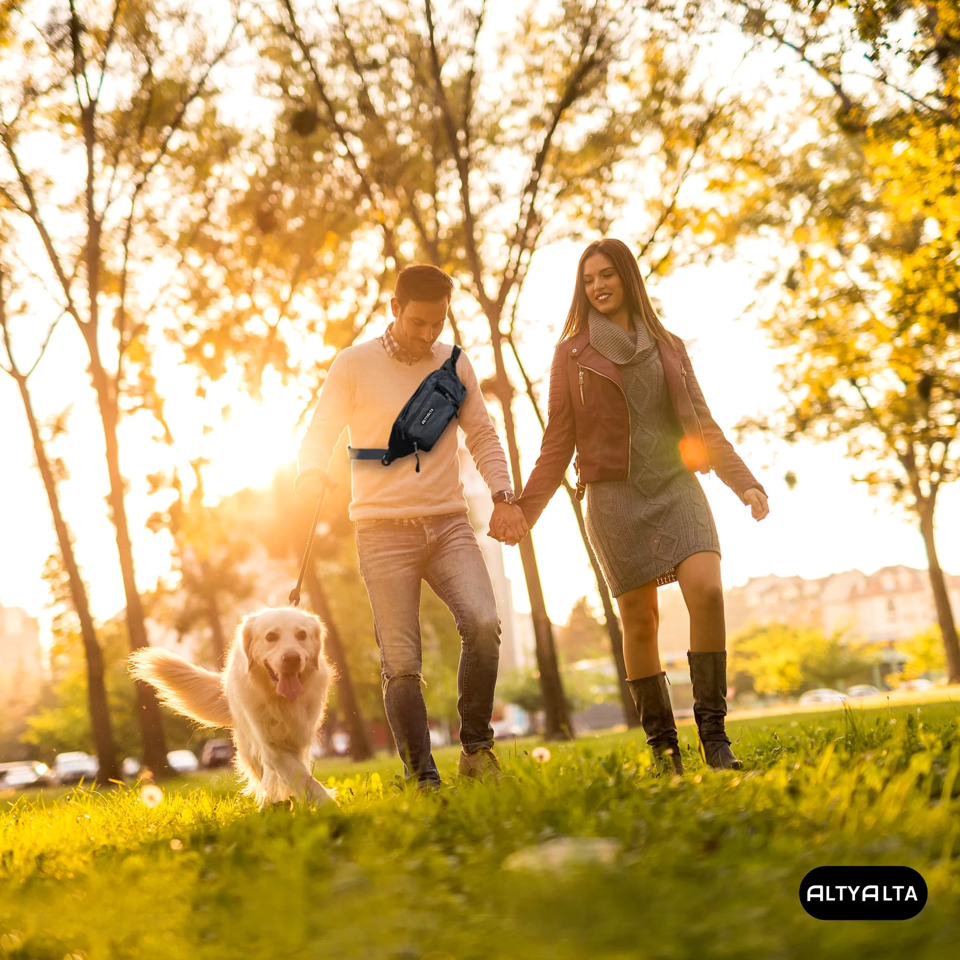 AEZ Marsupi da Passeggio per Cani, Marsupio per l'addestramento del Cane, Facilmente per Camminare con i Cani, Marsupio e distributore di Sacchetti per i rifiuti (Nero Melange)