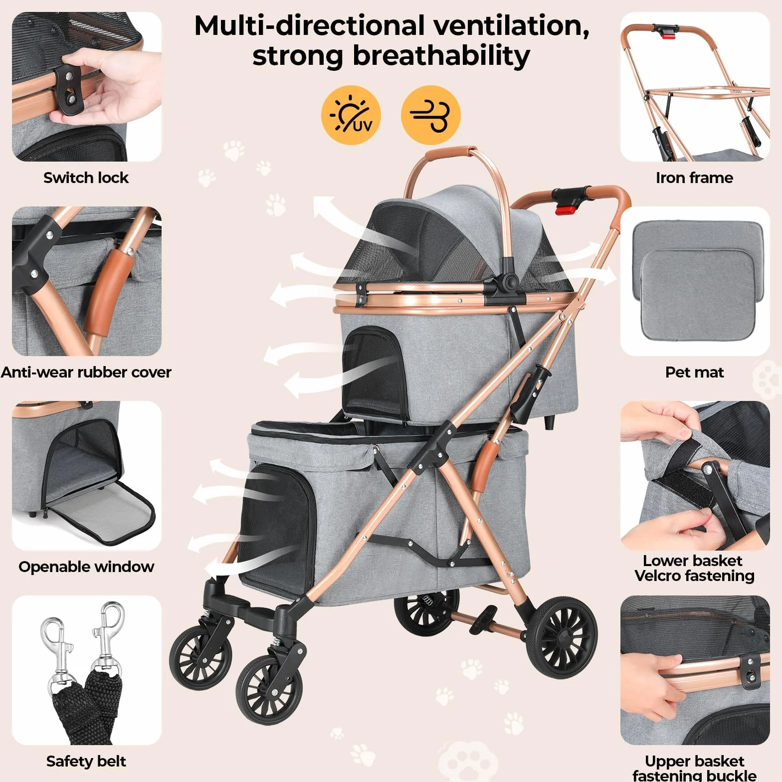 MAMIZO Passeggino Doppio Strato per Cani, Pieghevole Passeggino per Animali Domestici fino a 15 kg, Carrello per Cani con 4 PCS ruote, Passeggino Cane con Finestre a Rete e Portabevande, Grigio