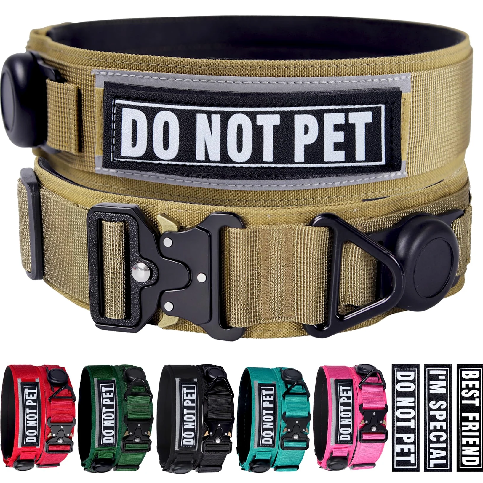 AirTag, Collare tattico militare per cani, largo 5,1 cm, con supporto AirTag e 3 toppe per animali domestici, morbido collare imbottito in nylon impermeabile con fibbia in metallo, per cani