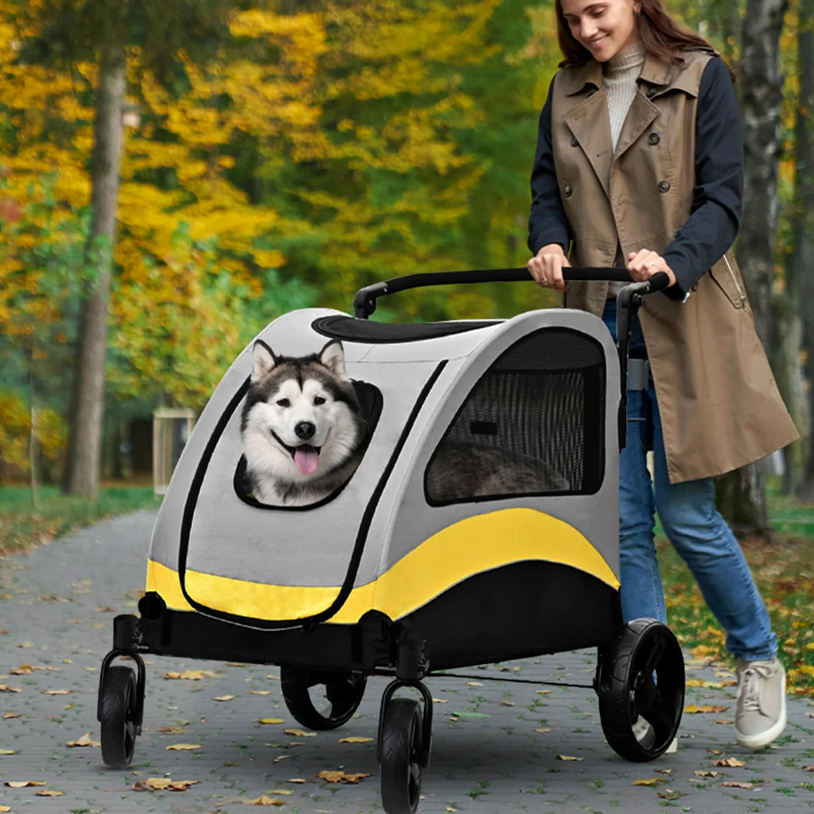 BingoPaw XL Passeggino per cani Grandi 65 kg Passeggino per Animali Domestici Pieghevole, Ruote dei freni per cani, Traspirante, Ammortizzante, Sicuro