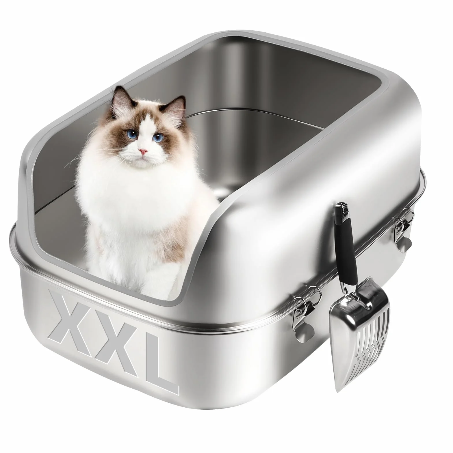 Lettiera per gatti in acciaio inox xl, 60x40x30cm Lettiera semi-chiusa in metallo con recinzione alta, paletta lettiera, antiaderente, facile da pulire