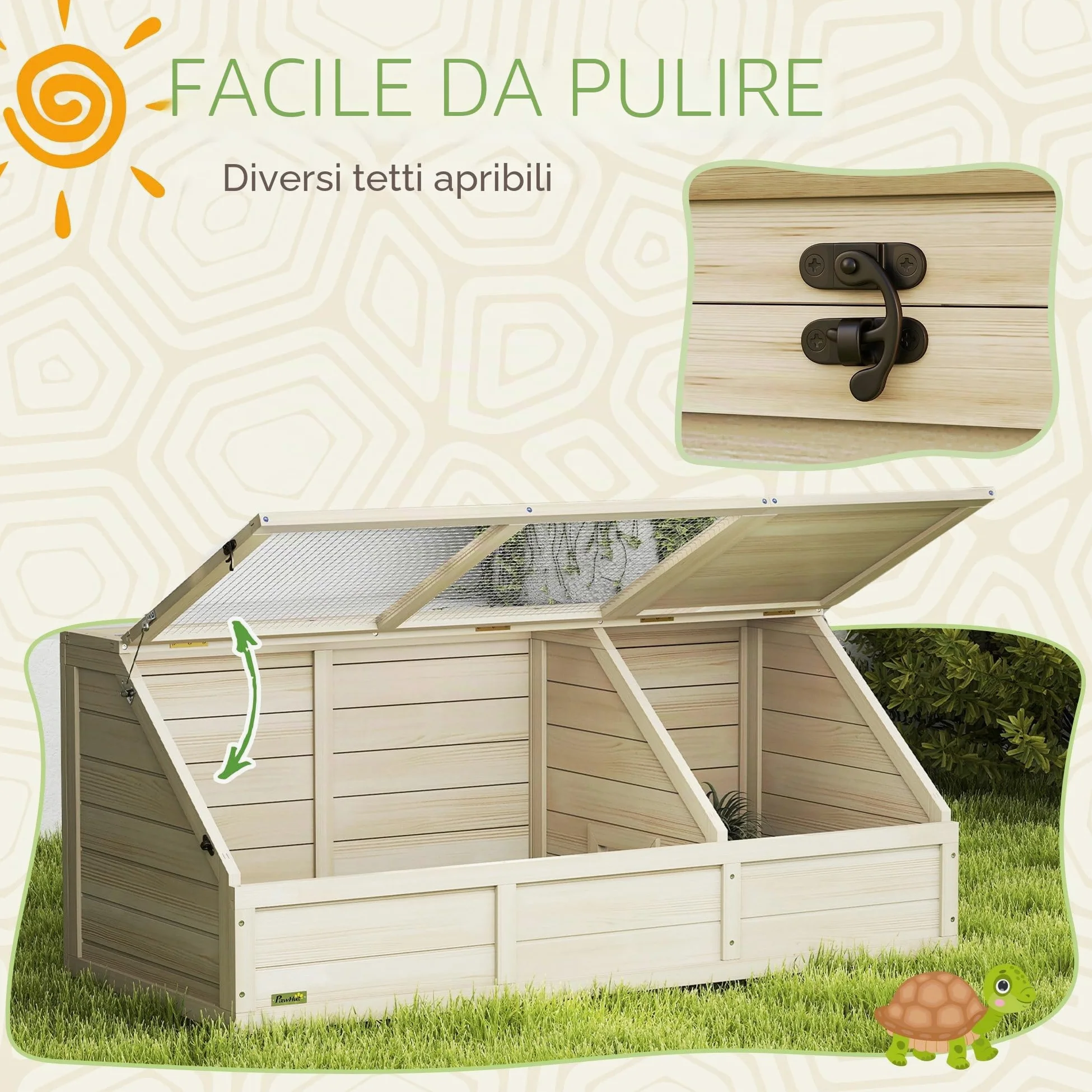 PawHut Casa in Legno per Tartarughe, recinto esterno per piccoli animali con coperchio apribile, fermi e 2 spazi separati, senza fondo, 120 x 55 x 50 cm, legno naturale