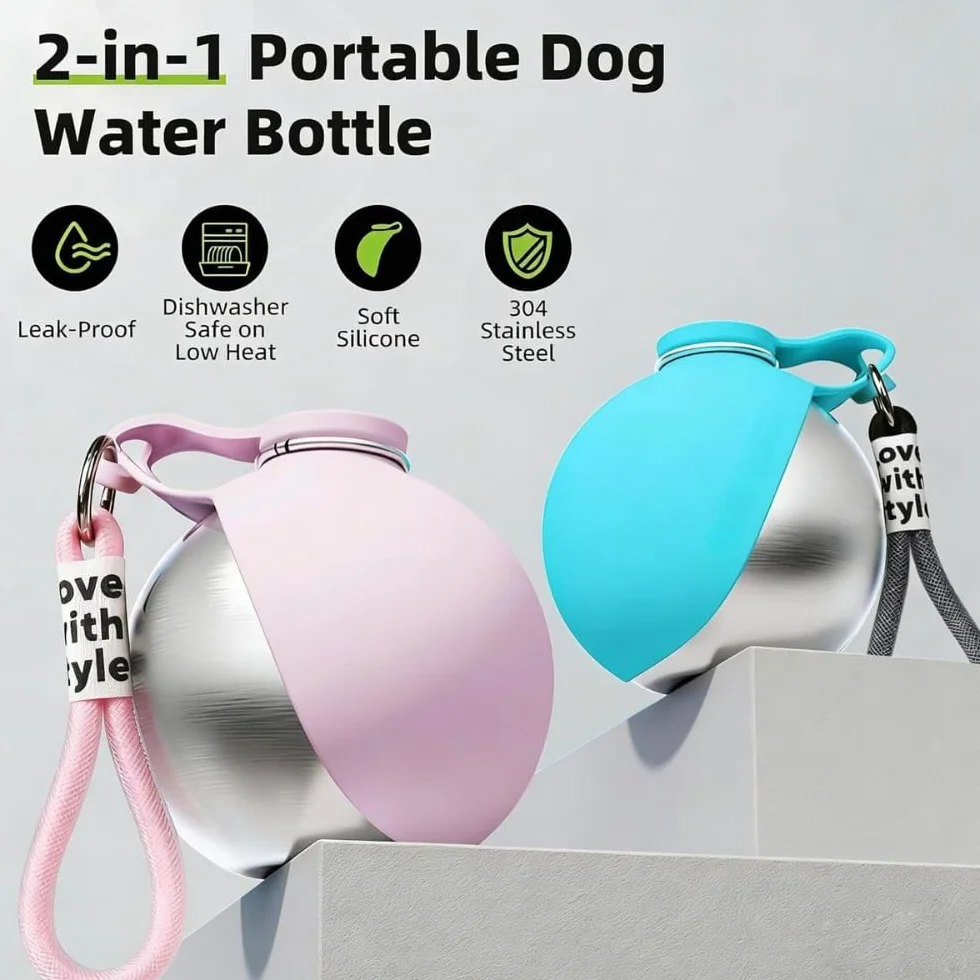 Borraccia Per Cani, Distributore D'Acqua Anti-Goccia Con Ciotola Pieghevole In Silicone, Bottiglia d'Acqua Portatile 2-In-1 Per Cani (1PC rosa)