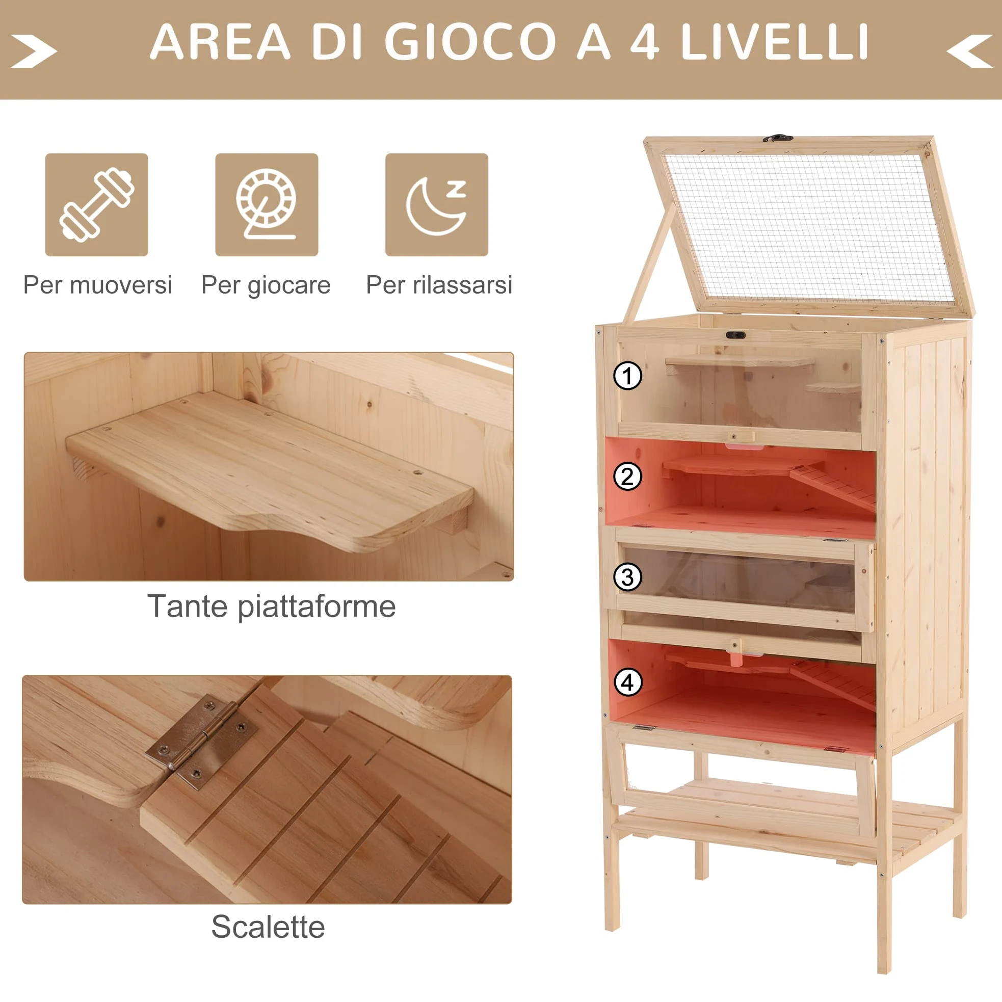PawHut Gabbia per Roditori e Criceti a 4 Ripiani con Tetto Apribile in Legno 60x40x120cm