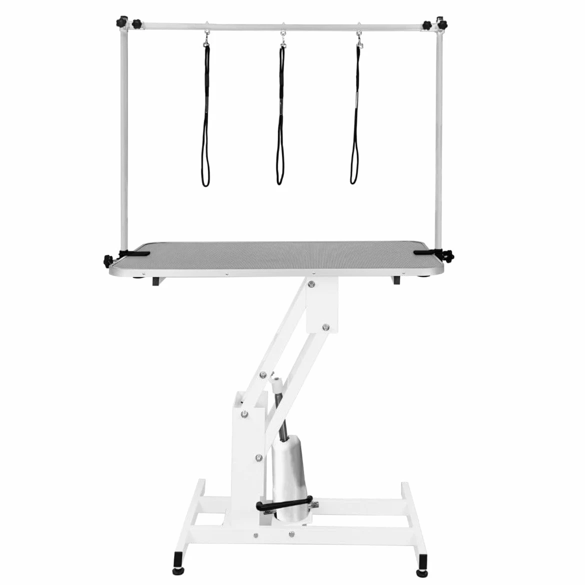 Tavolo Idraulico Toelettatura Cani - Altezza 55-101 cm, Capacità 180 kg, Bianco - Piano Grigio, Antiscivolo 106x61 cm, Acciaio Bianco, Piedini Livellanti, 3 Guinzagli
