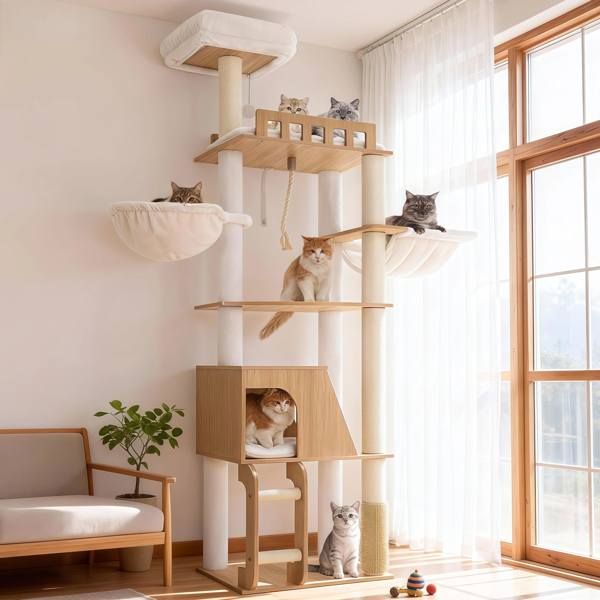 Hey-brother Albero per Gatti in Legno Moderno, Tiragraffi per Gatti 184 cm, Multinivello Stabile con Piattaforme Grandi, Amaca, Nido Spazioso, Pettine per Mantello e Scala, Bianco Rovere MPJ121BT
